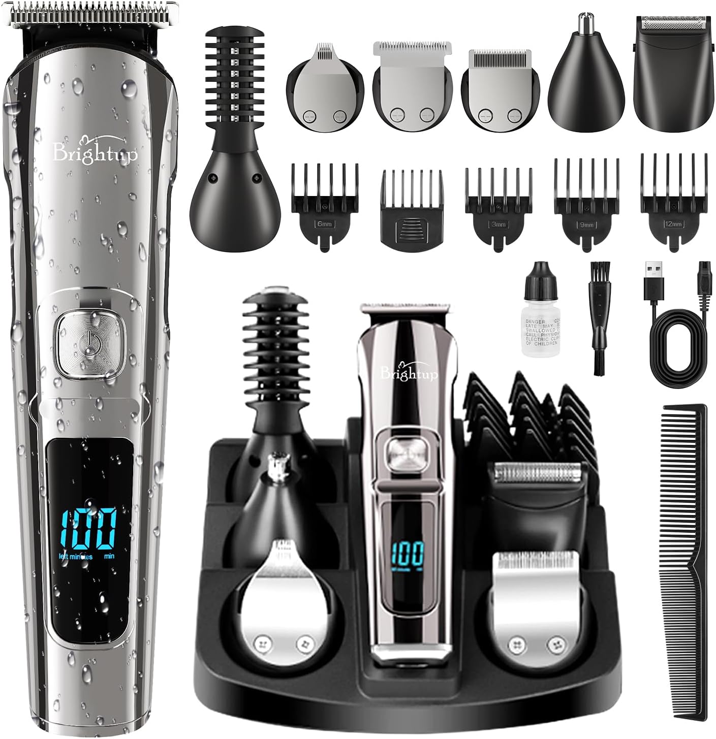 Brightup Barttrimmer Für Männer – Elektrischer Rasierer & Haarschneider, Kabelloses Haartrimmer-set, Ipx7 Wasserdichtes Herren-pflegeset Für Gesicht, Schnurrbart, Körper, Ohren Und Nase, Geschenkidee
