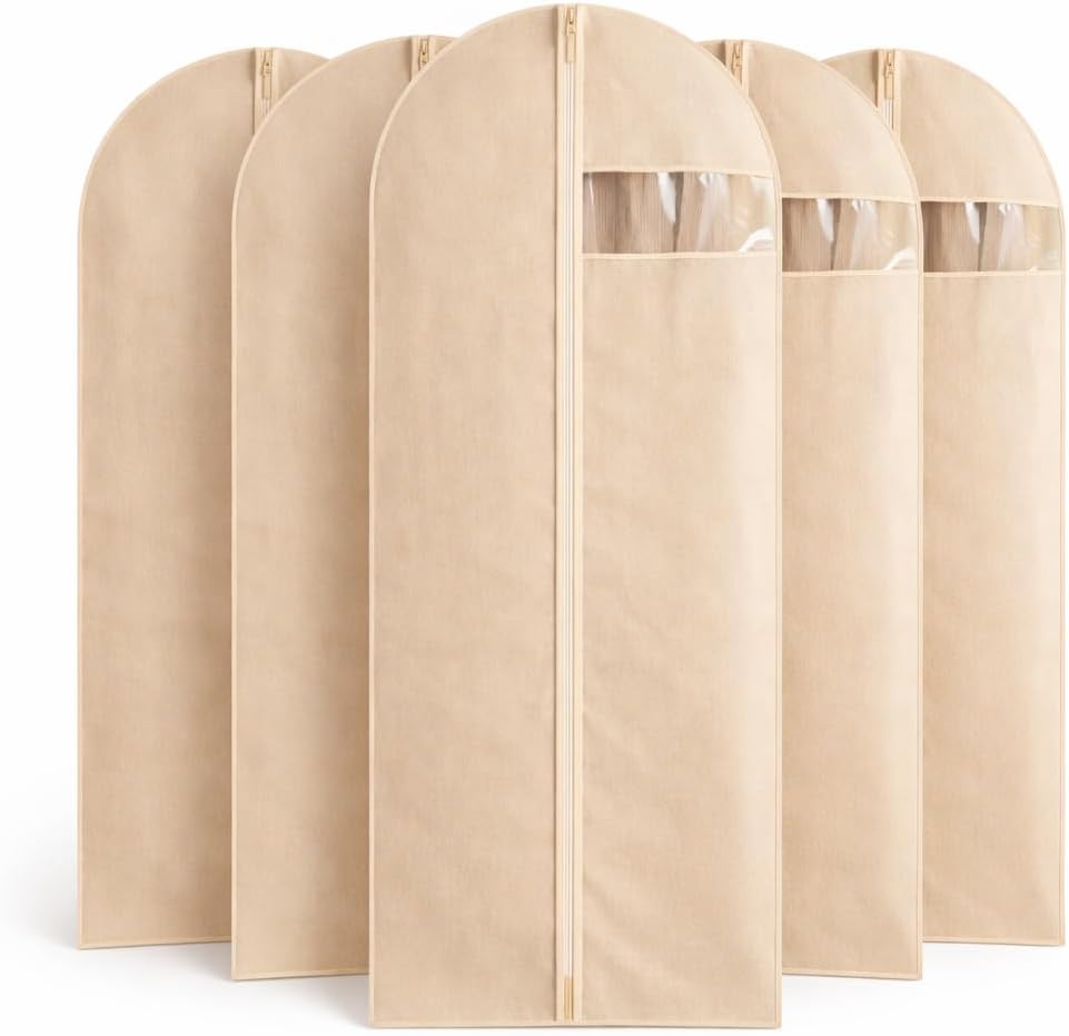Kleidersäcke Zum Aufhängen Von Kleidung, 5er-pack, Vliesstoff Atmungsaktive Aufbewahrungssäcke Mit Sichtfenster, Staubschutzhüllen Für Anzüge, Mäntel, Kleider, Jacken Und Hemden, Beige