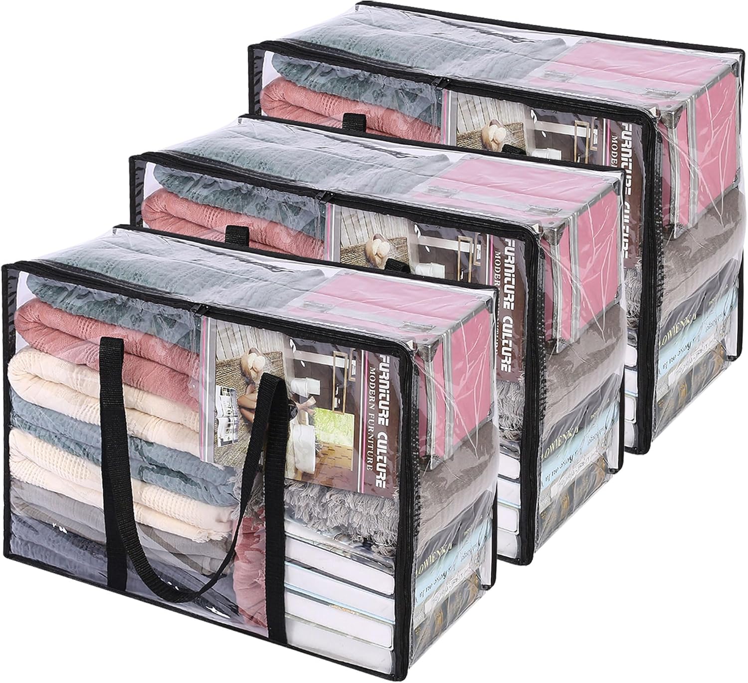 Vieshful 3er-pack Transparente Aufbewahrungsbeutel Für Kleidung, 40-liter-aufbewahrungsbeutel Aus Kunststoff Mit Reißverschluss Für Decken, Faltbarer Kleiderschrank-organizer, Umzugsbeutel Für Bettdec