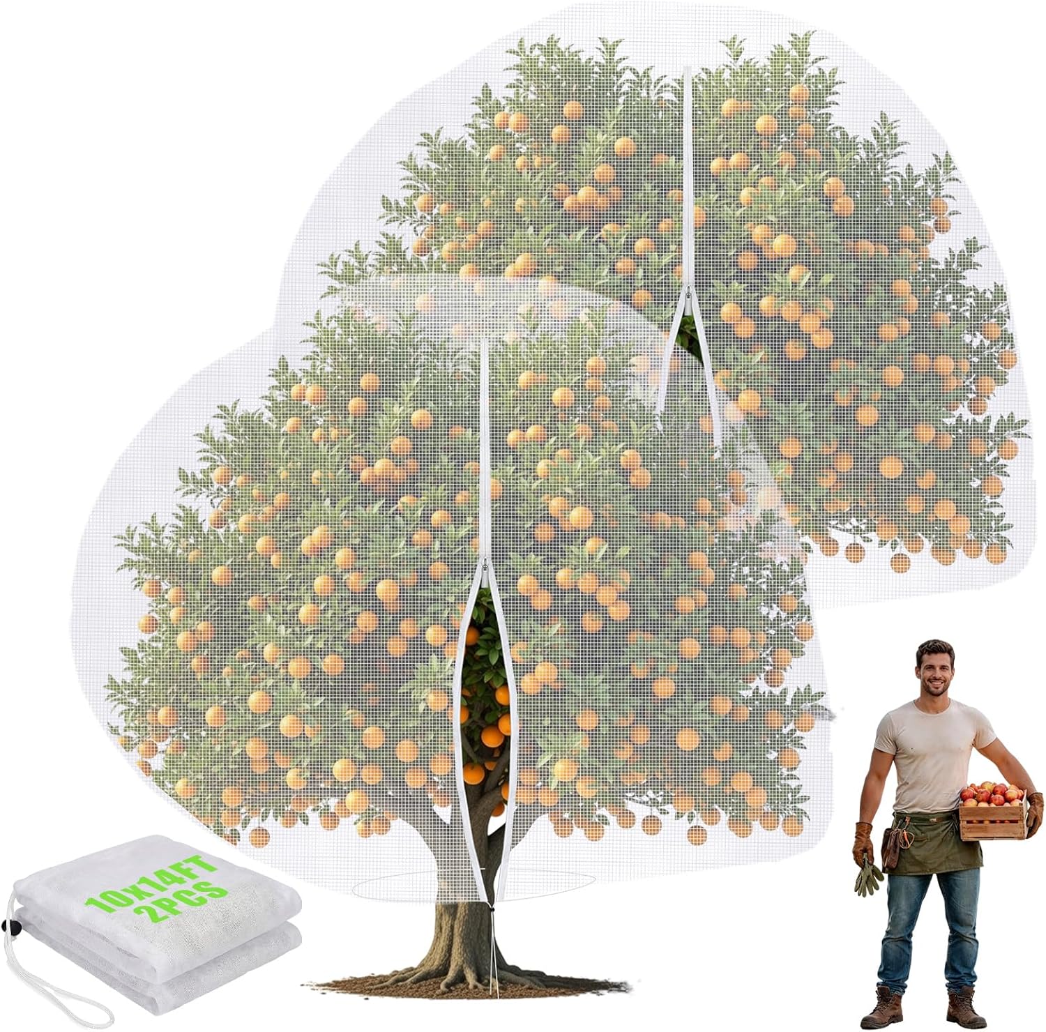 2 Stück 10 X 14 Fuß Großes Obstbaumnetz Zum Schutz Von Früchten Vor Eichhörnchen, Vögeln, Insekten, Rehen Und Ratten, Gartennetz Mit Reißverschluss Und Kordelzug Für Blaubeer-, Pfirsich- Und Apfelsträ