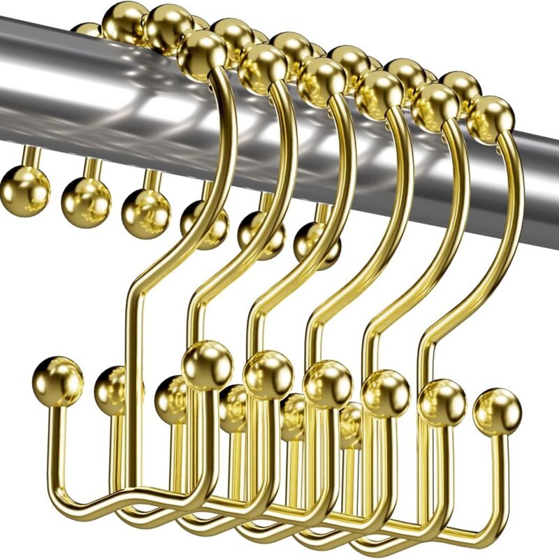 Duschvorhangringe, Goldfarben, 7,7 Cm Lang, 6 Rutschfeste Doppel-duschringe Aus Rostfreiem Metall.