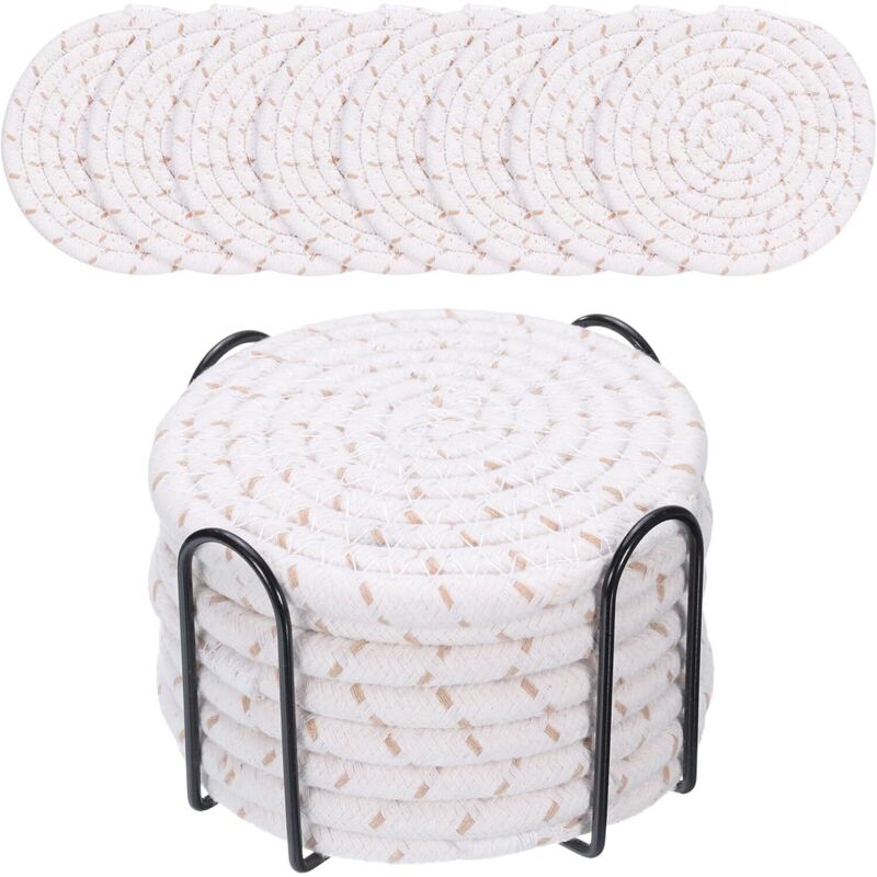 Set Aus Runden Untersetzern Im Boho-stil Aus Goldener Baumwolle Für Esstisch, Dicke Isolierkissen, Runde Teppiche Für Tee (mit Halterung), 8 Stück