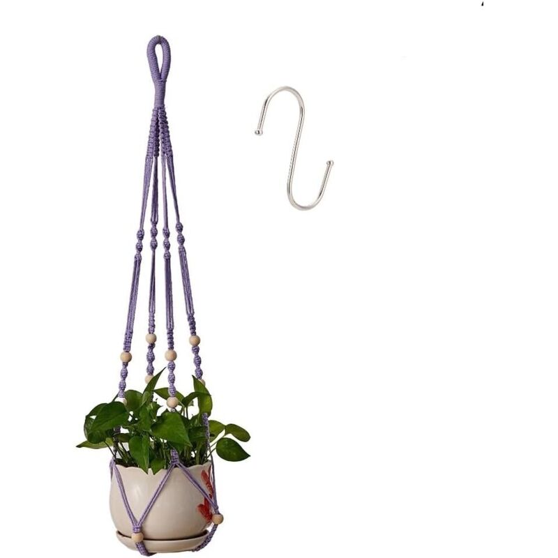 Hängeampel Für Zimmerpflanzen Aus Violetter Baumwollschnur, 98 Cm, Mit Holzperlen, Für Innendekoration, Ohne Haken, 1 Paar