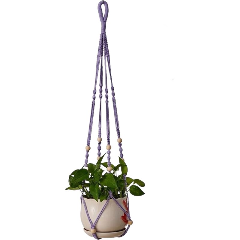 Hängekorb Für Pflanzen Aus Violetter Baumwollkordel, 98 Cm, Mit Holzperlen, Für Innendekoration, Haken Nicht Enthalten.