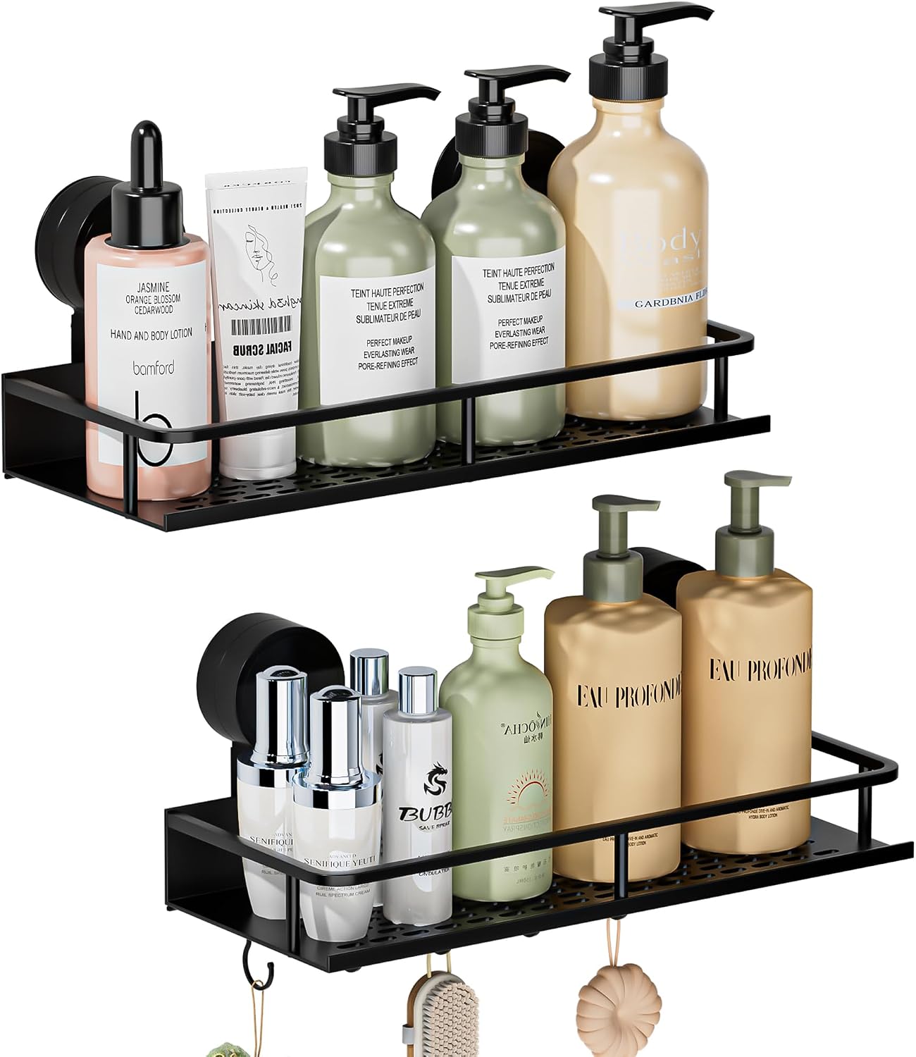 Duschablage Mit Saugnapf, Kein Bohren Erforderlich, 2-teiliges Badezimmer-aufbewahrungssystem Mit Haken, 10 Kg Tragkraft, Wasserdicht Und Rostfrei, Halter Für Shampoo, Spülung Und Seife, Schwarz