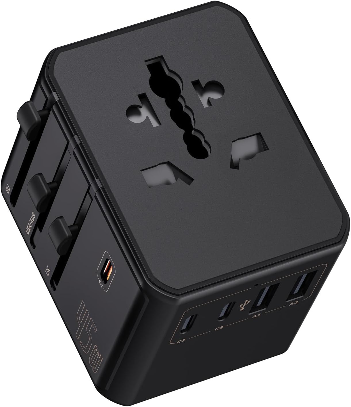 Universal-reiseadapter Mit 3 Usb-c- Und 2 Usb-a-anschlüssen, 45-w-pd-schnellladefunktion, Kompakt Und Leicht Für Internationale Geschäfts- Und Urlaubsreisen, Schwarz
