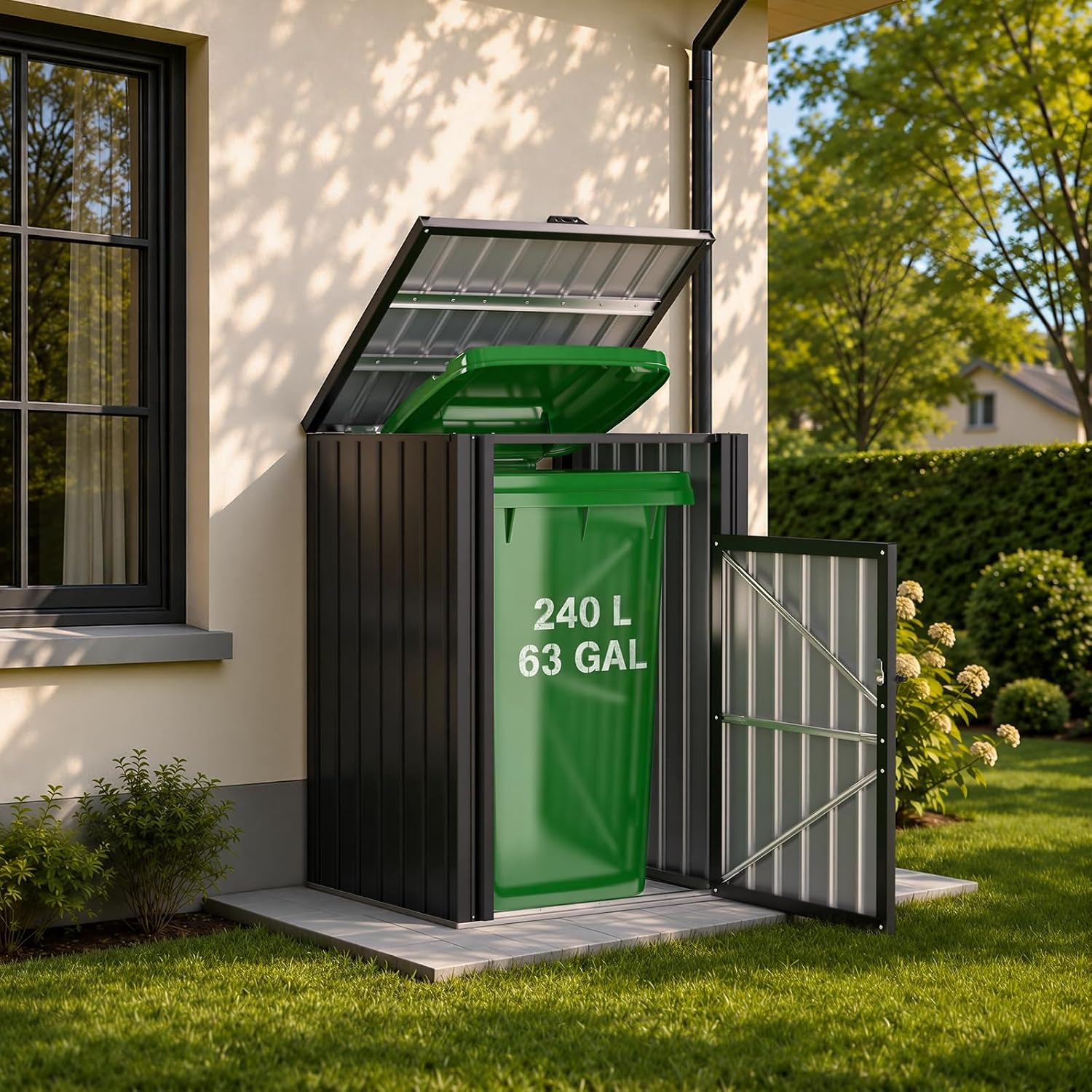 Yodolla Mülltonnenbox 1er Für 240l Tonne, Stahl Mülltonnenverkleidung, Grau Abschließbarer Gartenschrank Wetterfest Geräteschuppen Für Garten Und Terrasse, 90 X 80 X 124 Cm