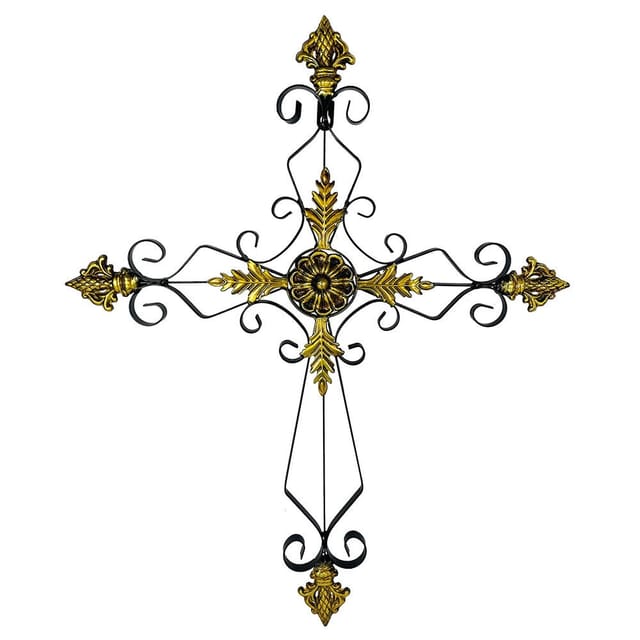 Wandkreuz groß Schmiedeeisen Schwarz Gold Wand-Kruzifix Kreuz Antik-Stil 60cm