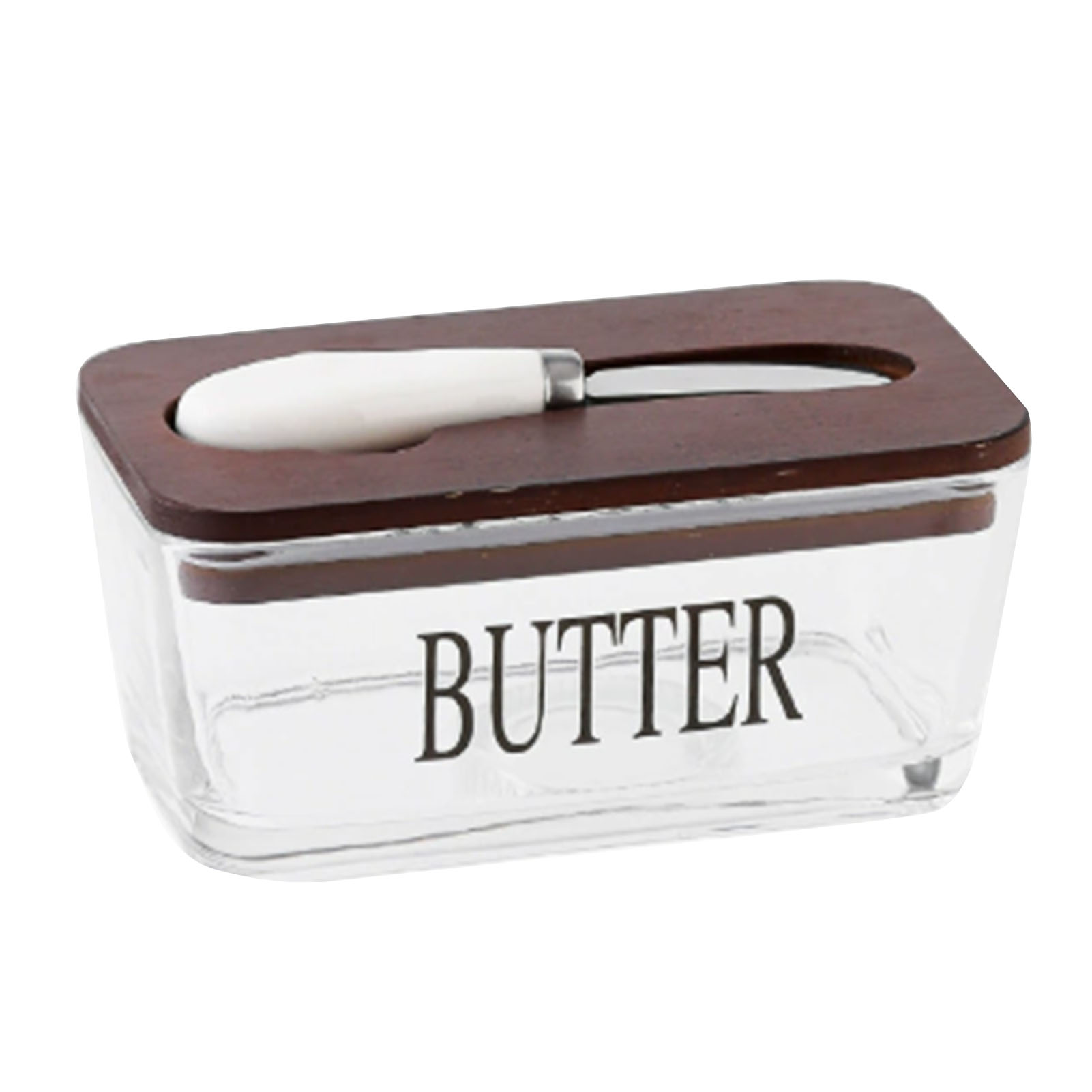 Luftdichte Butterdose Mit Deckel Und Becher, 500 Ml Glas-trägerschale Für Den Kühlschrank, Dunkle Holzfarbe.