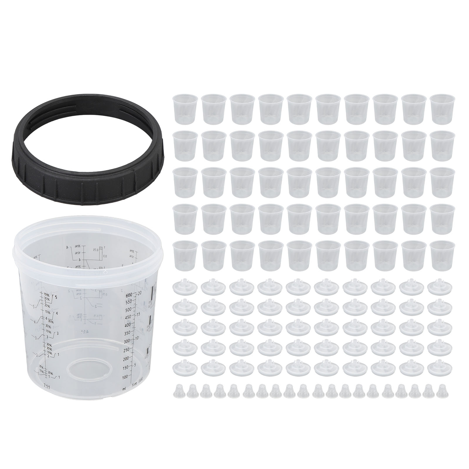 Einweg-farbspritzbecher-mischbecher-set, 122-teilig, Mit Deckelsystem Und Dichtungsring-einsätzen, Für Den Automobilbereich, 0-600 Ml/0-20,3 Oz (f110804).