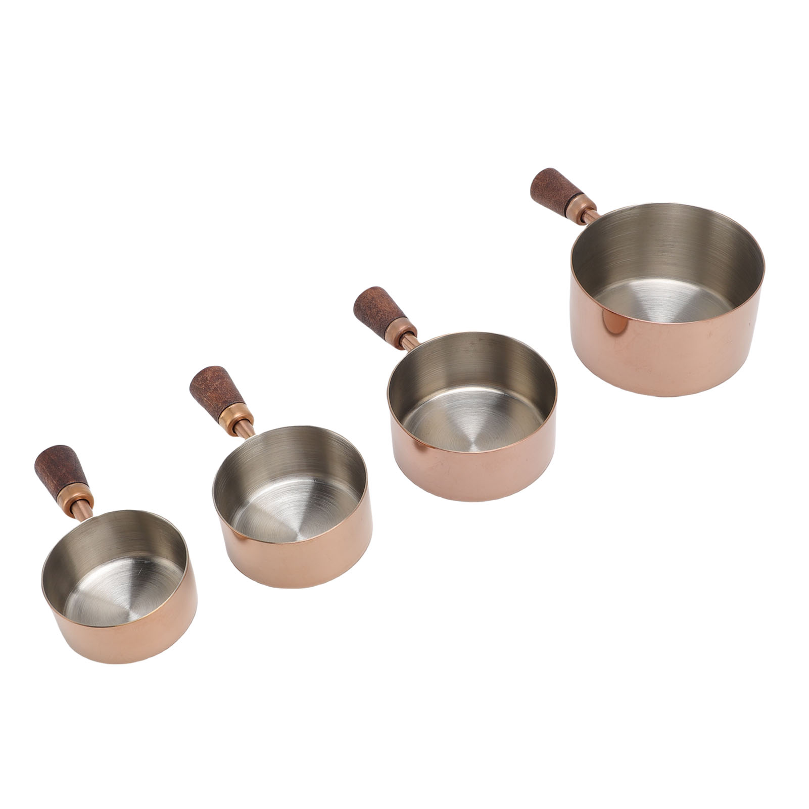 Set Aus 4 Stapelbaren Messbechern Aus Edelstahl Für Gewürze Und Soßen, Mit Kurzem Holzgriff, Ideal Für Kaffee, Kochen Und Backen.