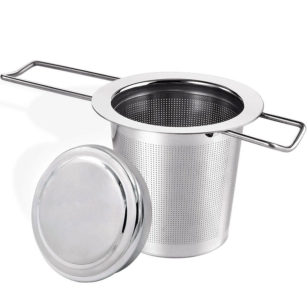 Teefilter Aus Edelstahl Mit Deckel, Griffen Und Sieb, Metalleinsatz.