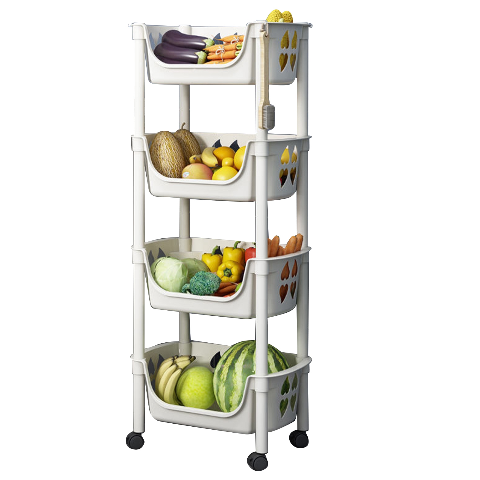Mehrstufiges, Mobiles Küchenregal Für Spielzeug, Snacks, Obst Und Gemüse, Badezimmerwagen, 4 Ebenen Mit Rädern, Beige Farbe.