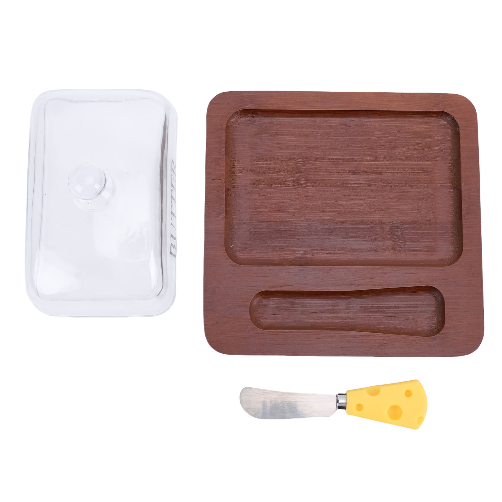 Butterdose Aus Holz Mit Transparentem Glasdeckel, Schneidewerkzeug, Leicht Zu Reinigender Behälter Für Käsekuchen Und Desserts, Dunkelbraun.