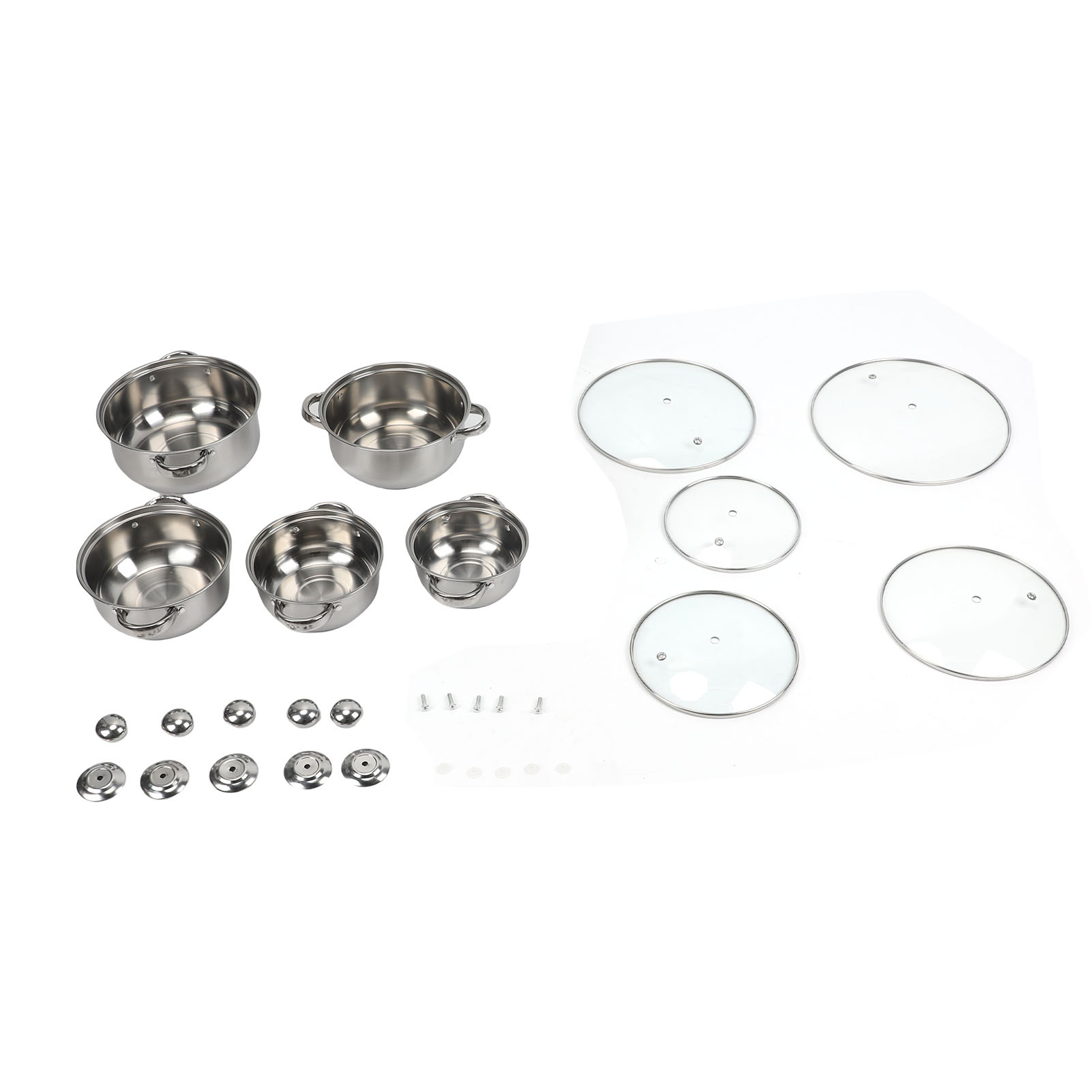 5-teiliges Edelstahl-kochgeschirr-set: Stielkasserolle Mit Glasdeckel, Suppentopf Und Kochtopf Mit 2 Griffen, Silberfarben.