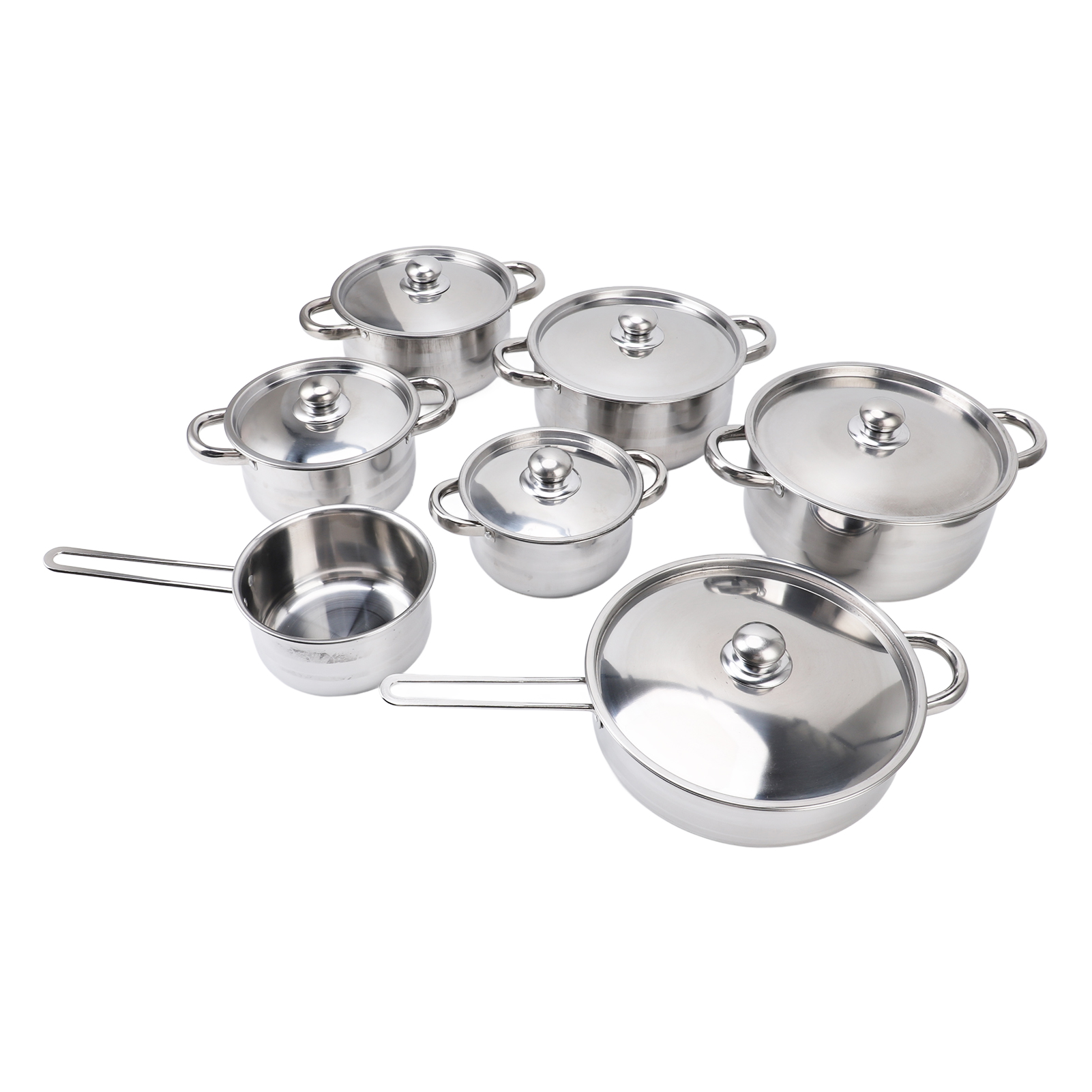 6-teiliges Kochgeschirr-set Aus Edelstahl: Ein Suppentopf Mit Zwei Griffen, Ein Milchtopf Mit Einem Griff Und Eine Bratpfanne Mit Deckeln Zum Kochen In Der Küche.