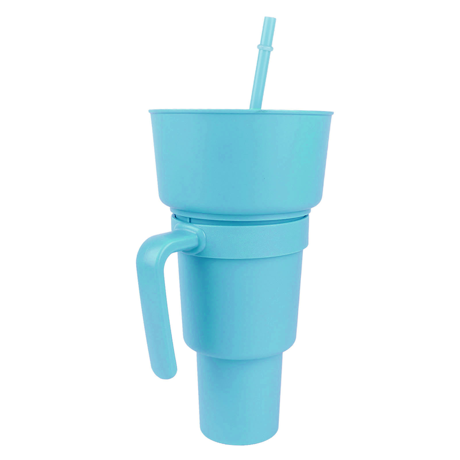 2-in-1-becher Für Getränke Und Snacks Mit Strohhalm, Breiter Öffnung, Aus Kunststoff, Ideal Für Kino, Zuhause Und Unterwegs. Hellblau.