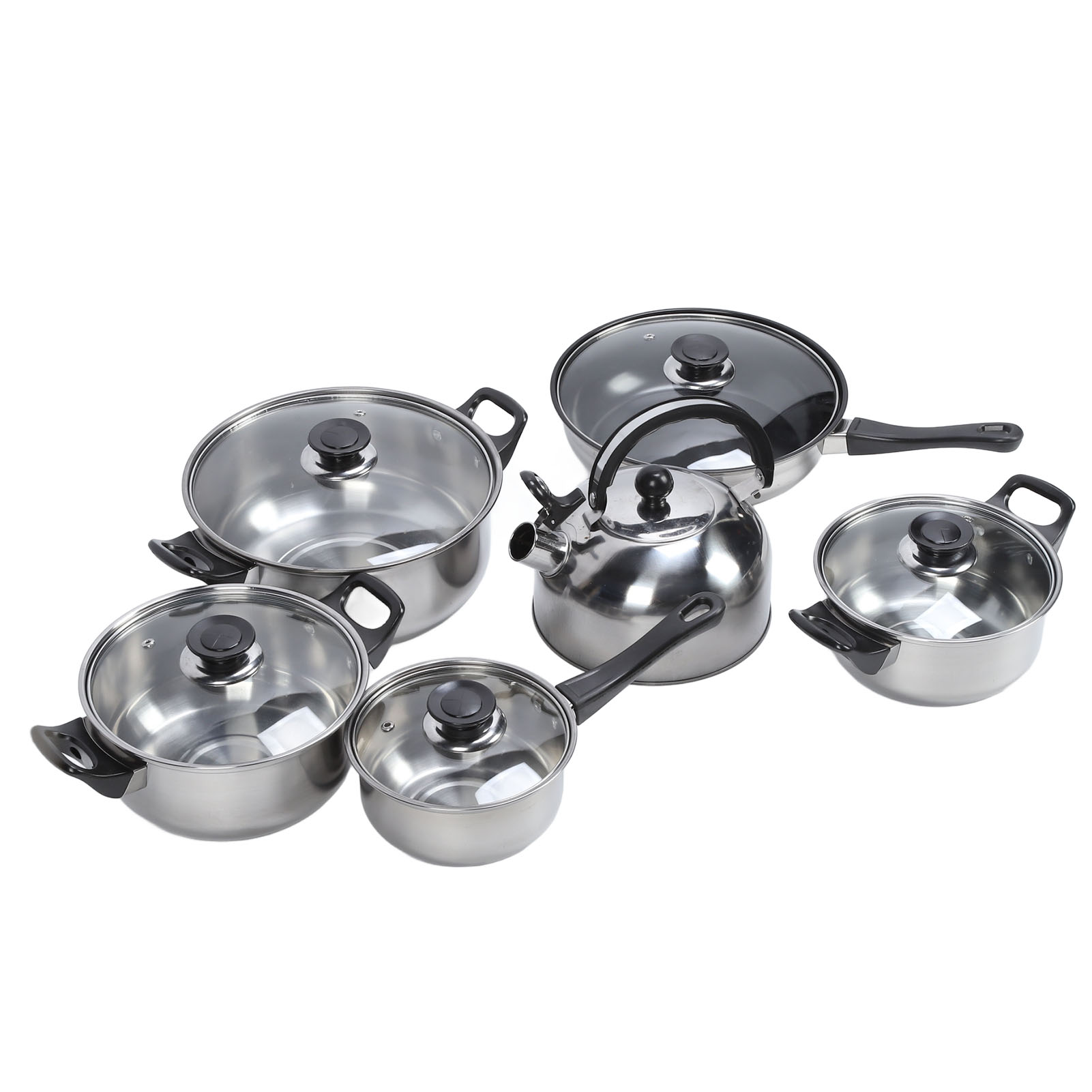 Kochgeschirr-set Aus Edelstahl: Stielkasserollen Und Bratpfannen, Suppentopf, Brühtopf, Antihaftbeschichtete Bratpfanne, Teekanne Und Schwarzer Kunststoffgriff.
