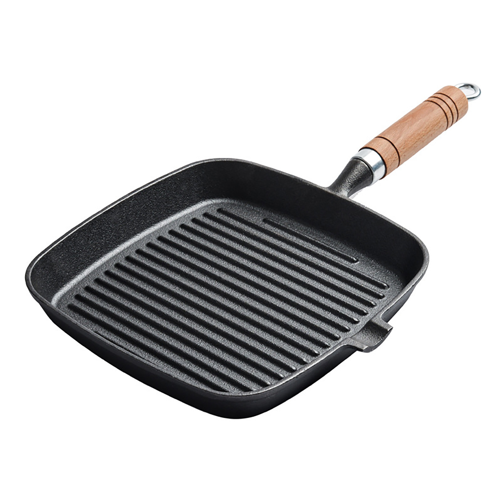 Fleischgrillpfanne Mit Holzgriff, 22 Cm Dickem Boden, Gleichmäßiger Wärmeverteilung, Antihaftbeschichtung Und Ausgießer, Ideal Für Die Zubereitung Von Speisen In Innenräumen.