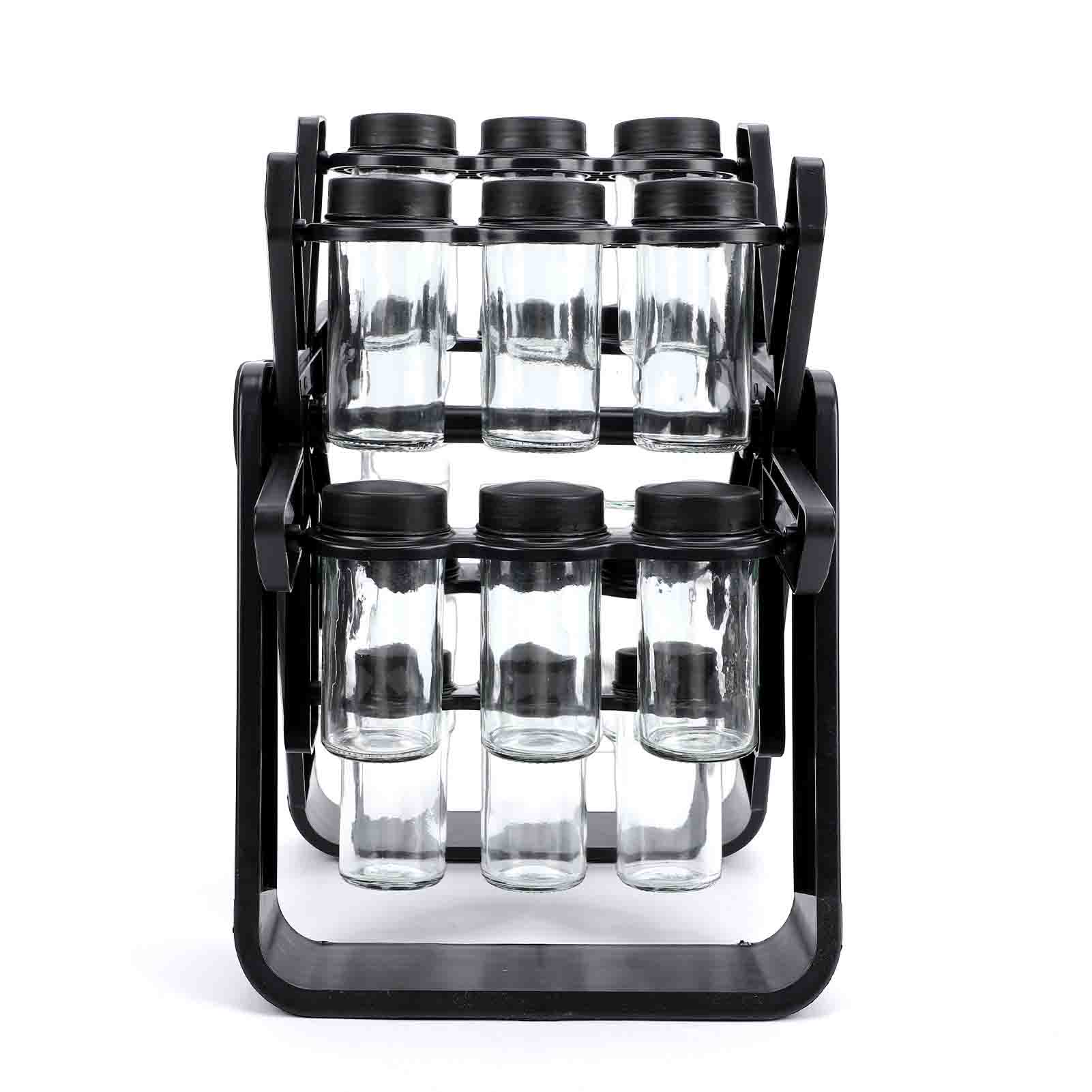 Gewürzkarussell Aus Glas Für 18 Gläser, Um 360° Drehbarer Ständer Mit Etiketten Und Zusammenklappbarem Trichter, Platzsparende, Moderne Küchenaufbewahrung, Schwarzer Tischständer.
