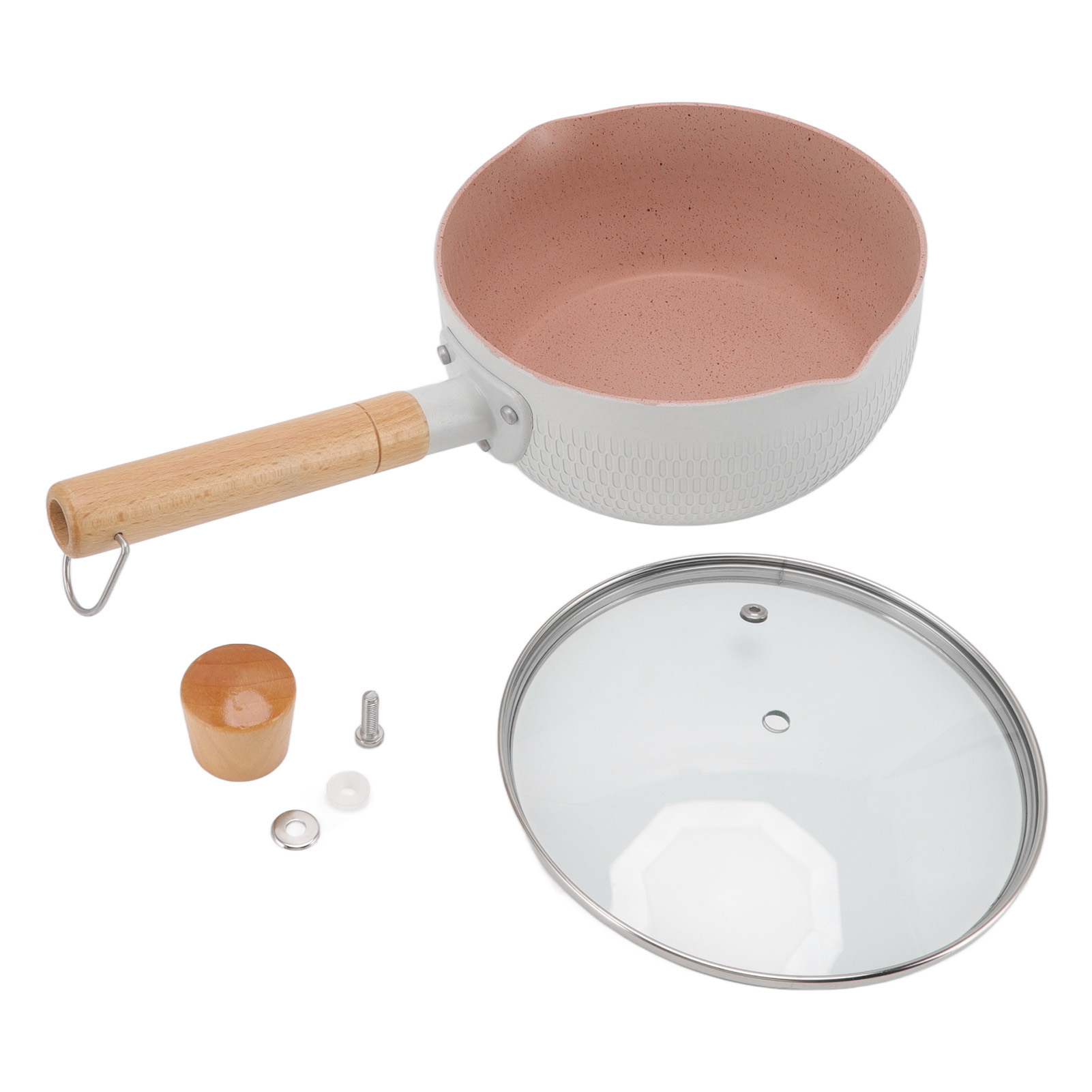 Multifunktionaler Milchtopf Aus Antihaftbeschichteter Aluminiumlegierung Mit Holzgriff, Geeignet Für Induktions- Und Gasherde, Weiß.