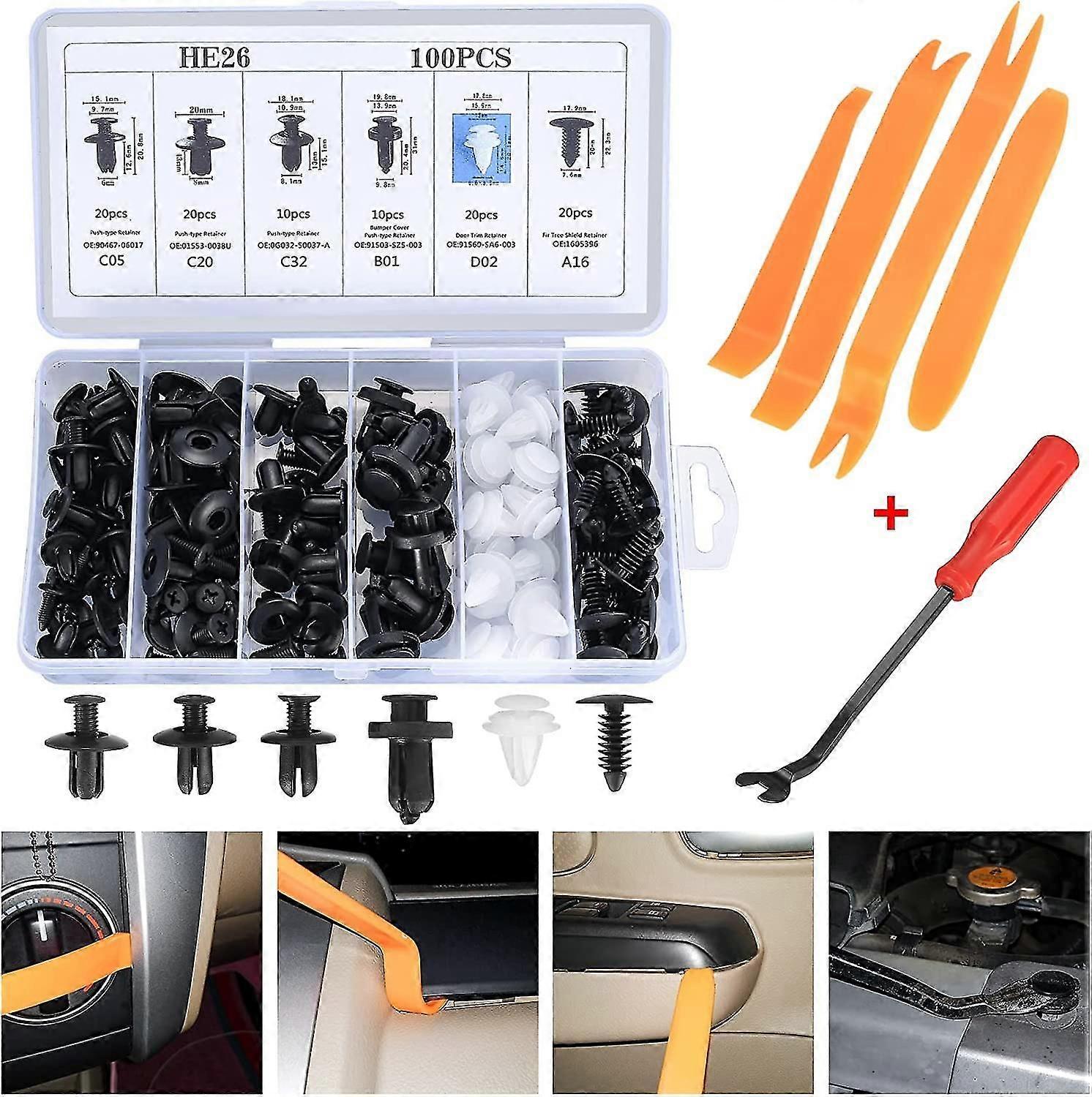 Universelles Kfz-befestigungsclip-set Aus Kunststoff Für Kotflügel, Befestigungsclips Für Karosserie Und Stoßstange (druckstiftnieten) Inklusive Werkzeug Zum Entfernen Von Verkleidungen (100 Stück)