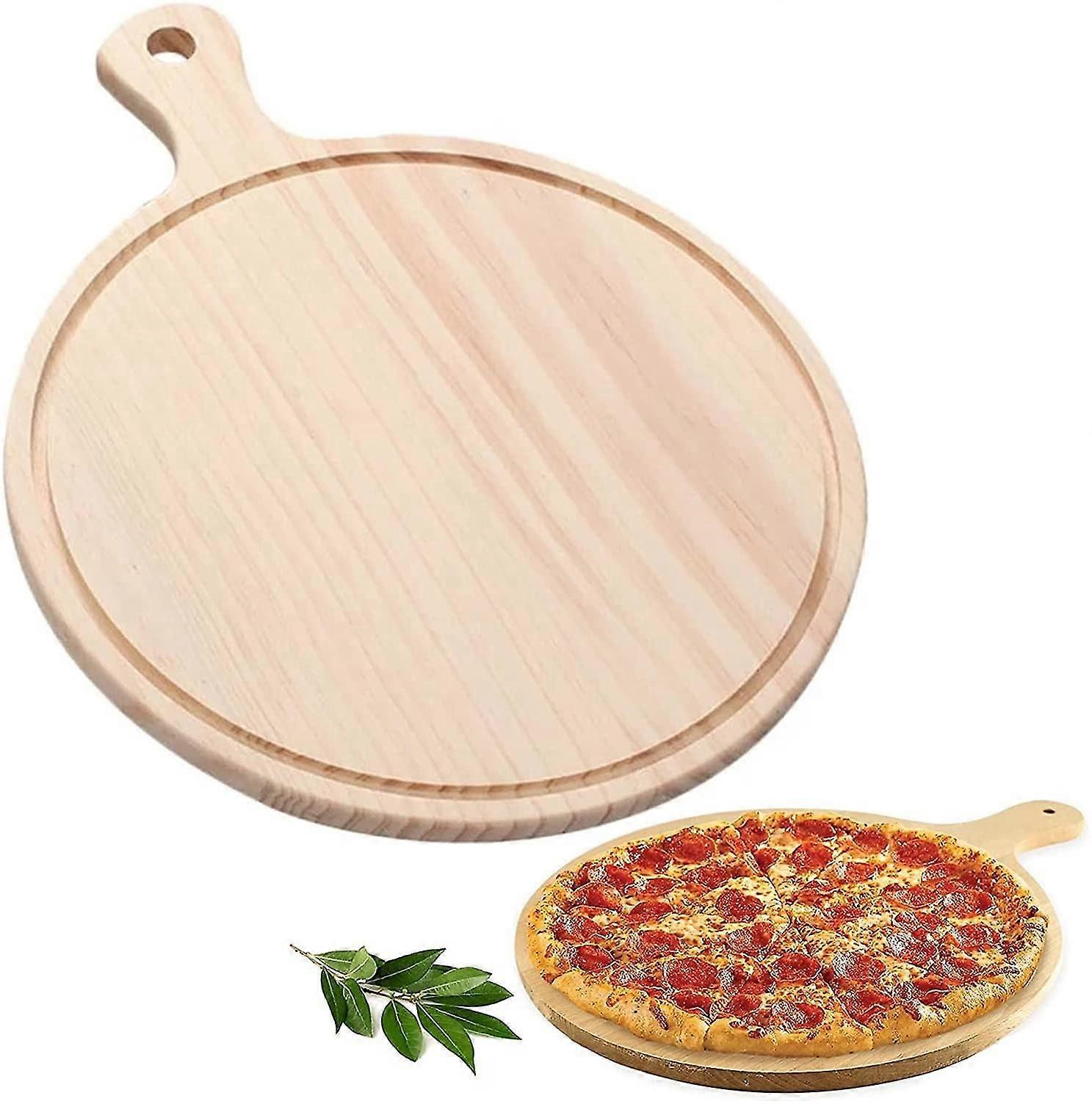 Runde Pizzaplatte Aus Naturholz Mit Ungiftigem Griff, Leicht Zu Reinigen, Beidseitig Verwendbar, Für Familie, Restaurant, Camping, Pizza, Steak, Brot, Kuchen