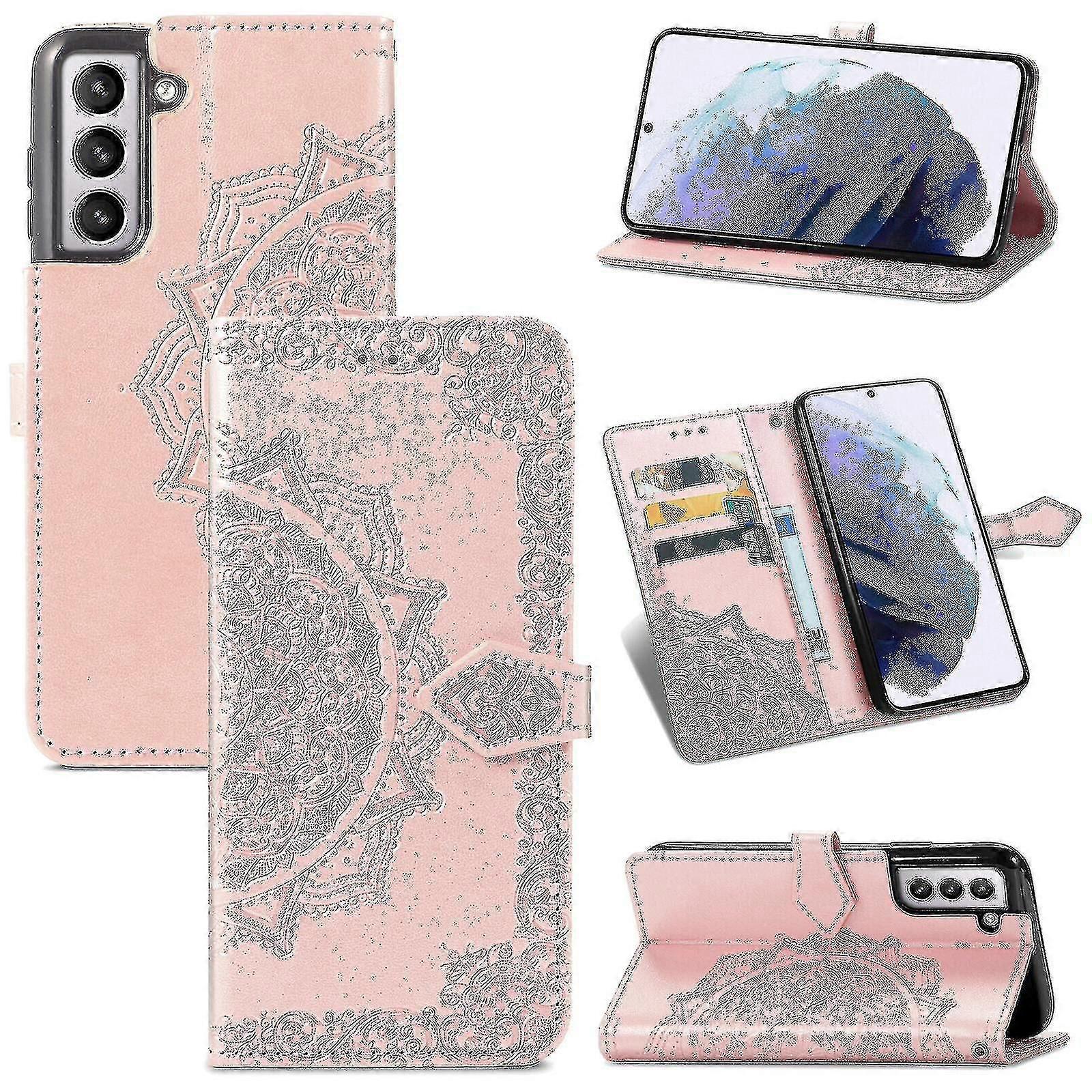 Samsung Galaxy S21 Plus Schutzhülle Aus Leder Mit Mandala-prägung, Magnetischem Klappverschluss Und Stoßfestigkeit – Roségold