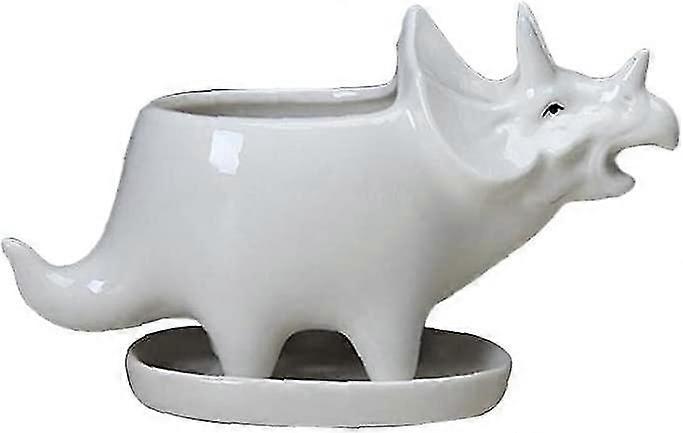 Sukkulenten-pflanztopf, Dinosaurier-pflanzgefäß Mit Keramikschale, Niedlicher Triceratops, Weiße Kaktusblume, Outdoor-blumentopf