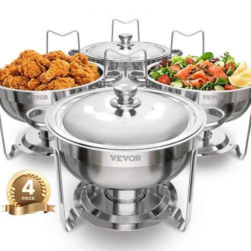 VEVOR Chafing Dish Set 4 x 4,7 L Runder Speisenwärmer für Buffet in Silber, für Hochzeiten, Partys und Mobiles Catering, mit Behältern in Voller Größe, Deckel, Wasserpfanne 6,6 L & Klappbarem Ständer