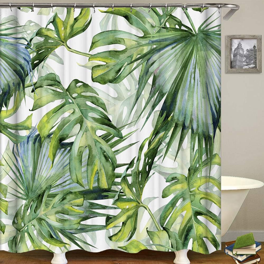 Duschvorhang Mit Tropischem Dschungel-palmenmotiv, Originaler, Schimmelresistenter Duschvorhang Aus Grünem Stoff Mit 12 Haken (90 Cm × 180 Cm)