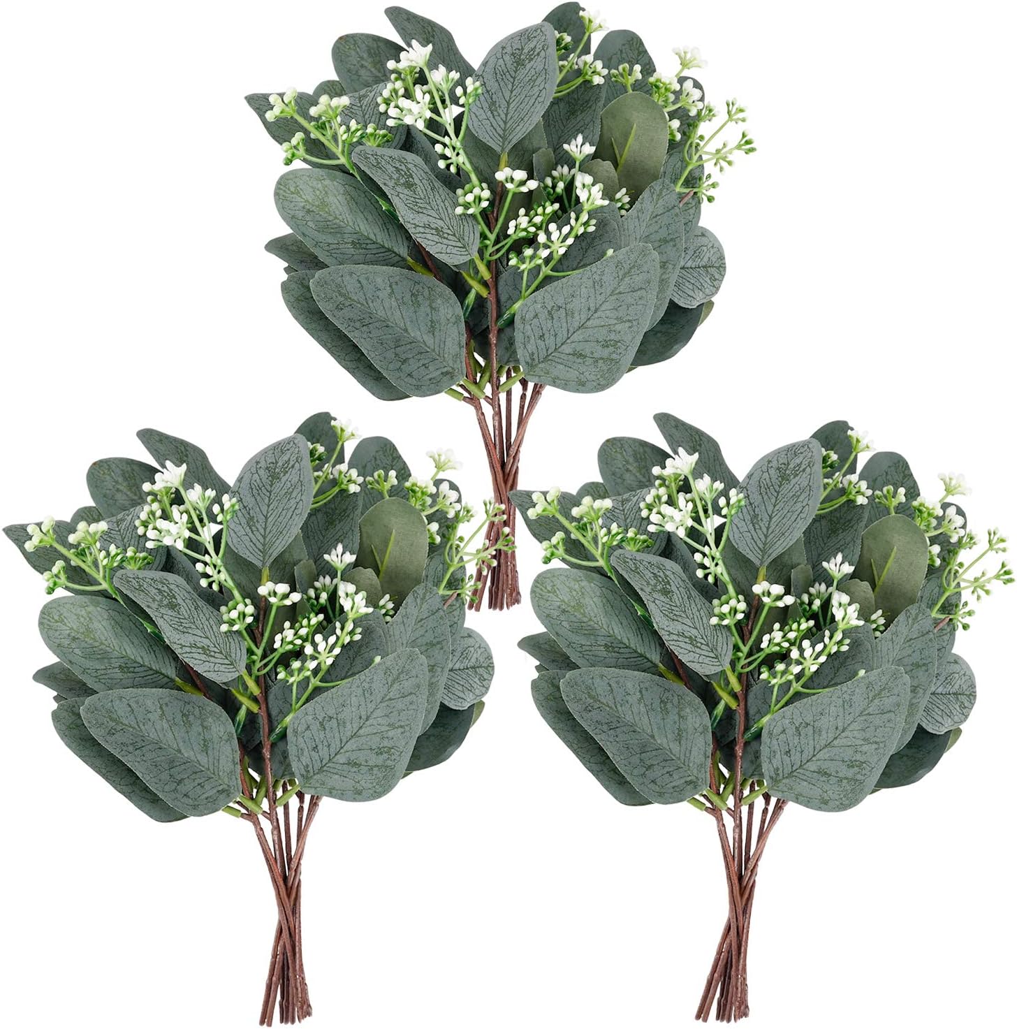3 Stücke Künstliche Eukalyptusblätter Stängel Mit Weißen Samen Kurze Silber Dollar Gefälschte Eukalyptuszweige Grünpflanzen Für Blumensträuße Hochzeit Urlaub Dekor
