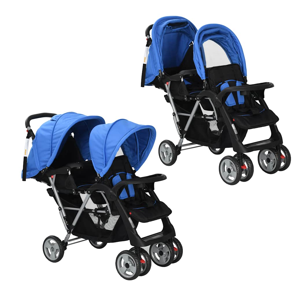 Tandem-kinderwagen Stahl Blau Und Schwarz Vidaxl