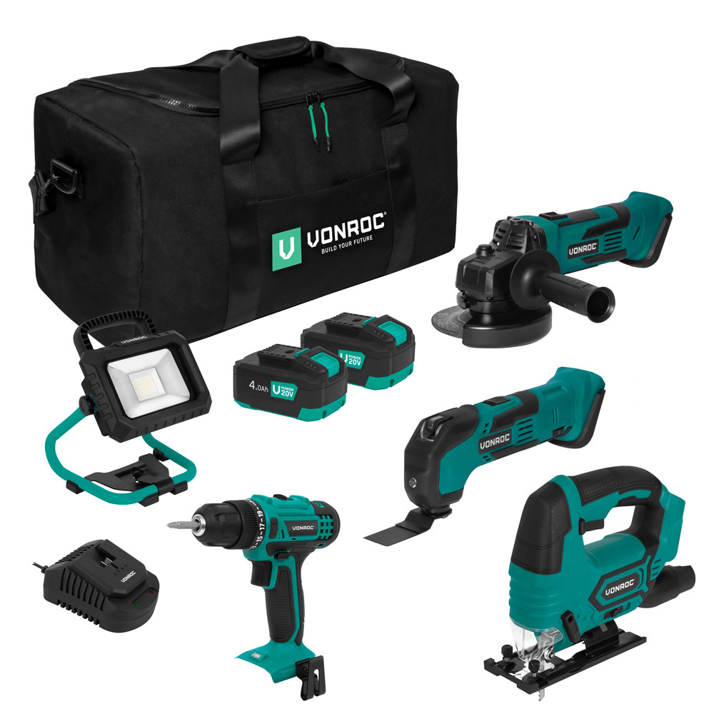 Vonroc - Werkzeugsatz/maschinen-set 20v – Werkzeugtasche Inkl.: Akkubohrer, Stichsäge, Multiwerkzeug, Winkelschleifer, Arbeitsleuchte 2 X 4.0ah Akku Und Schnellladegerät