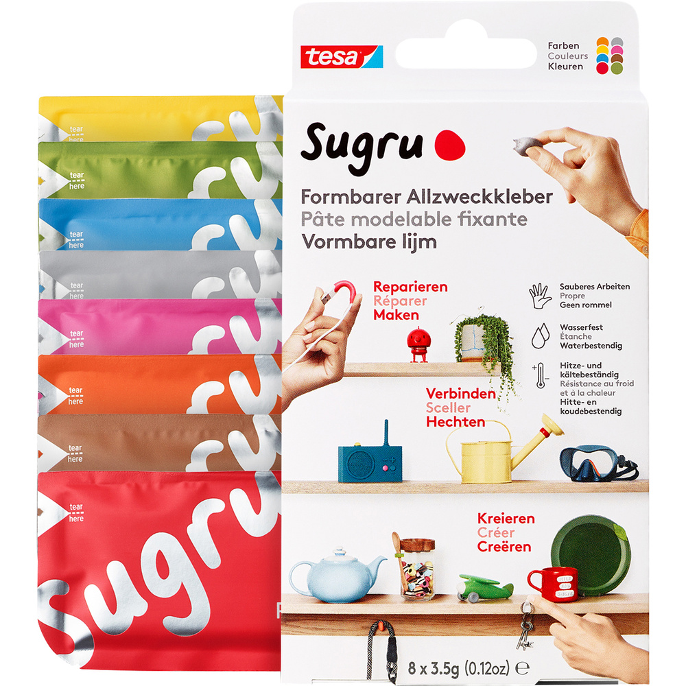 Tesa - Sugru - Gelb, Grün, Blau, Grau, Pink, Orange, Braun, Rot 8er Pack - Formbarer Allzweckkleber - Starker Allzweck-klebstoff