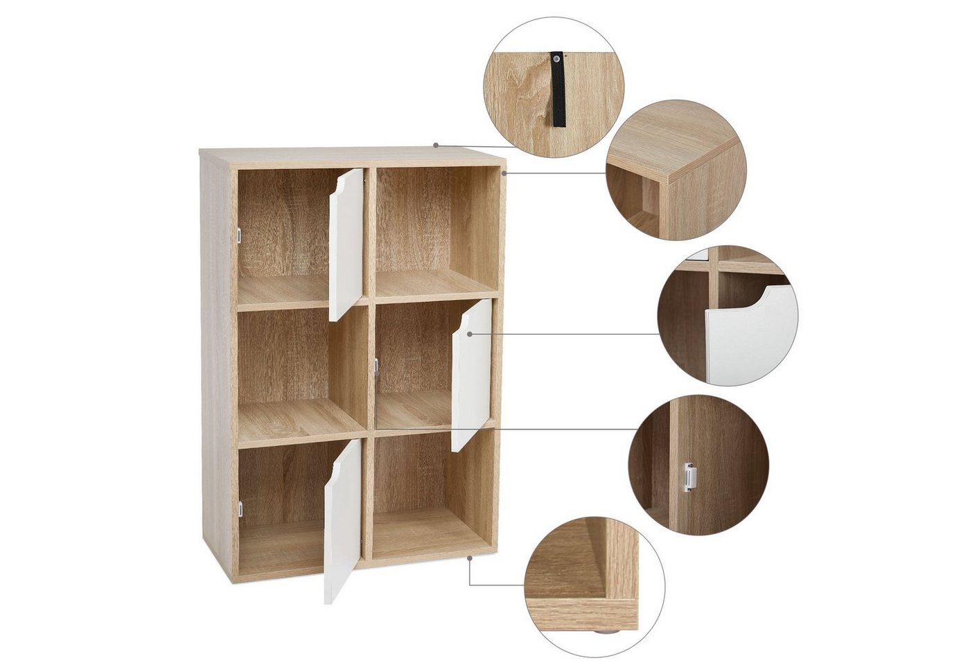 Meerveil Bücherschrank, Vielschichtiges Aufbewahrungsregal Für Bücher Und Dvds, Sechs Fächer Mit 3 Türen, Standregal, Hellbraun