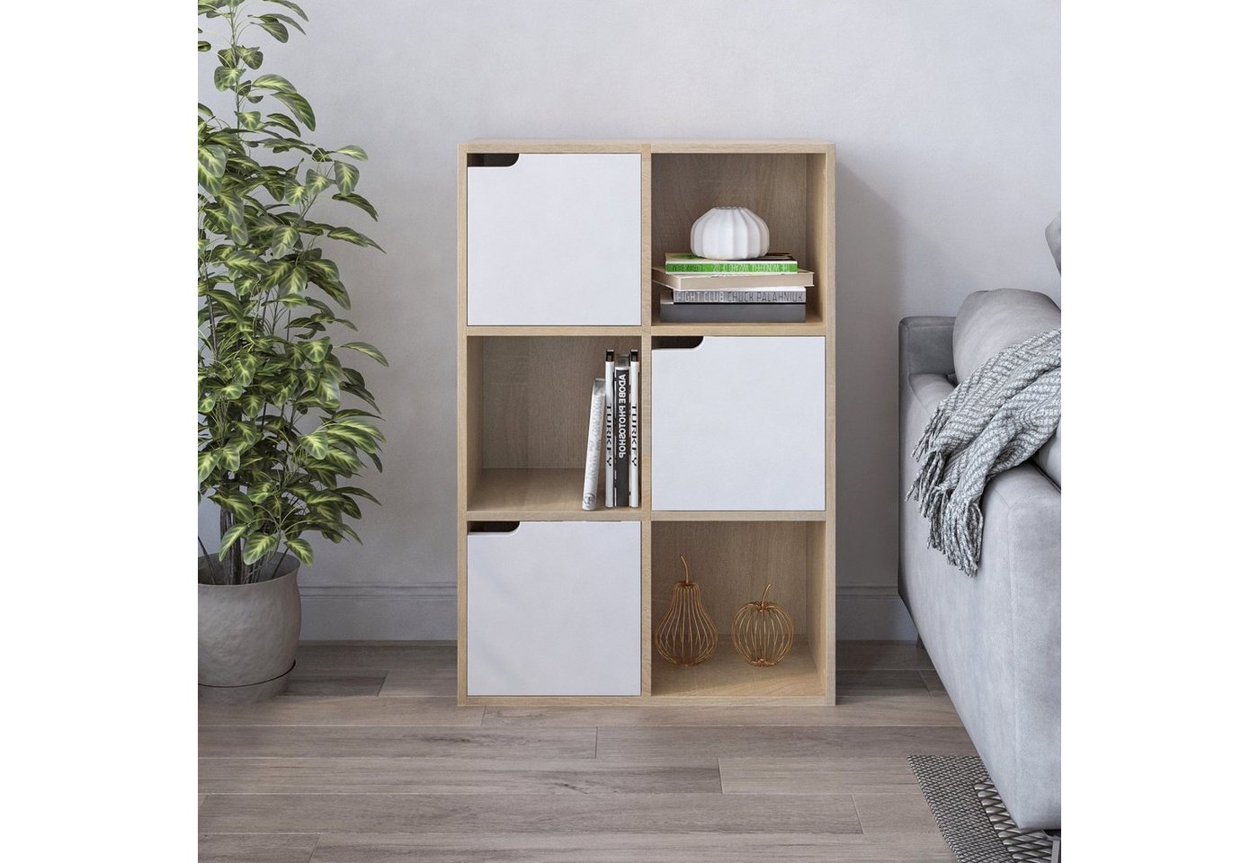 Meerveil Bücherschrank, Vielschichtiges Aufbewahrungsregal Für Bücher Und Dvds, Sechs Fächer Mit 3 Türen, Standregal, Hellbraun Bild 2