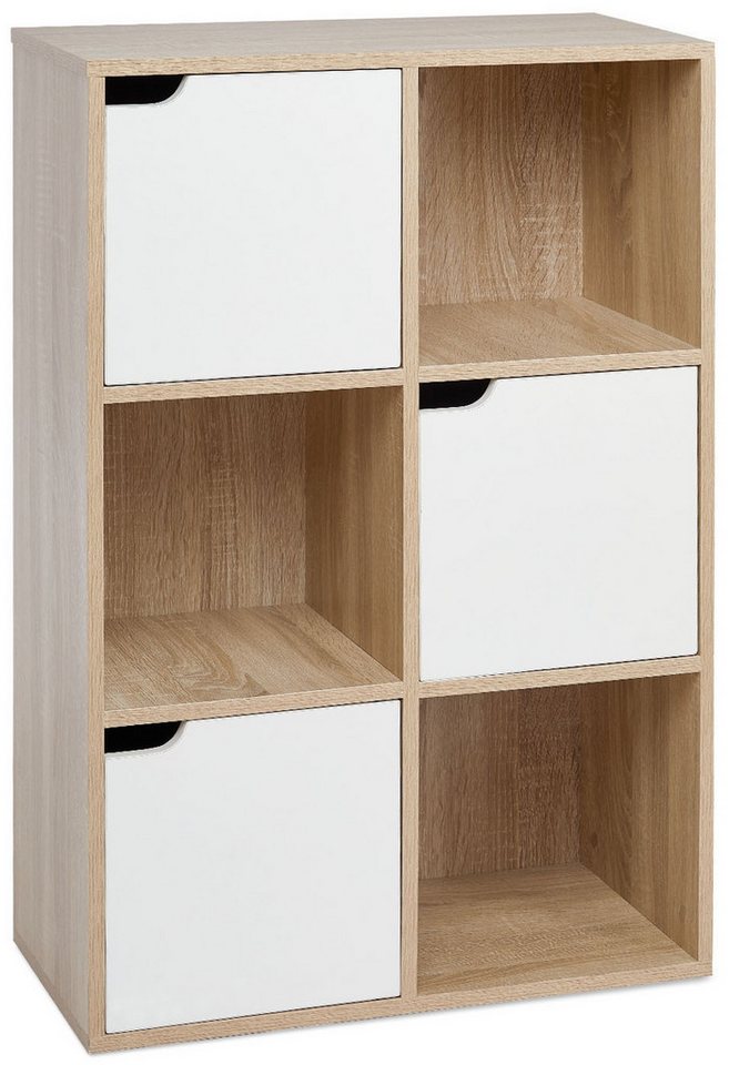 Meerveil Bücherschrank, Vielschichtiges Aufbewahrungsregal Für Bücher Und Dvds, Sechs Fächer Mit 3 Türen, Standregal, Hellbraun Bild 3