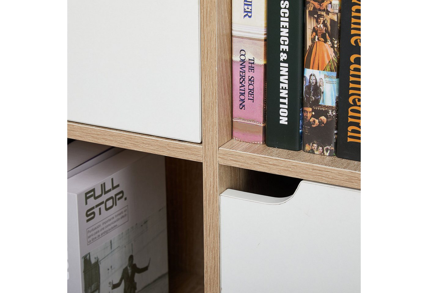 Meerveil Bücherschrank, Vielschichtiges Aufbewahrungsregal Für Bücher Und Dvds, Sechs Fächer Mit 3 Türen, Standregal, Hellbraun Bild 4