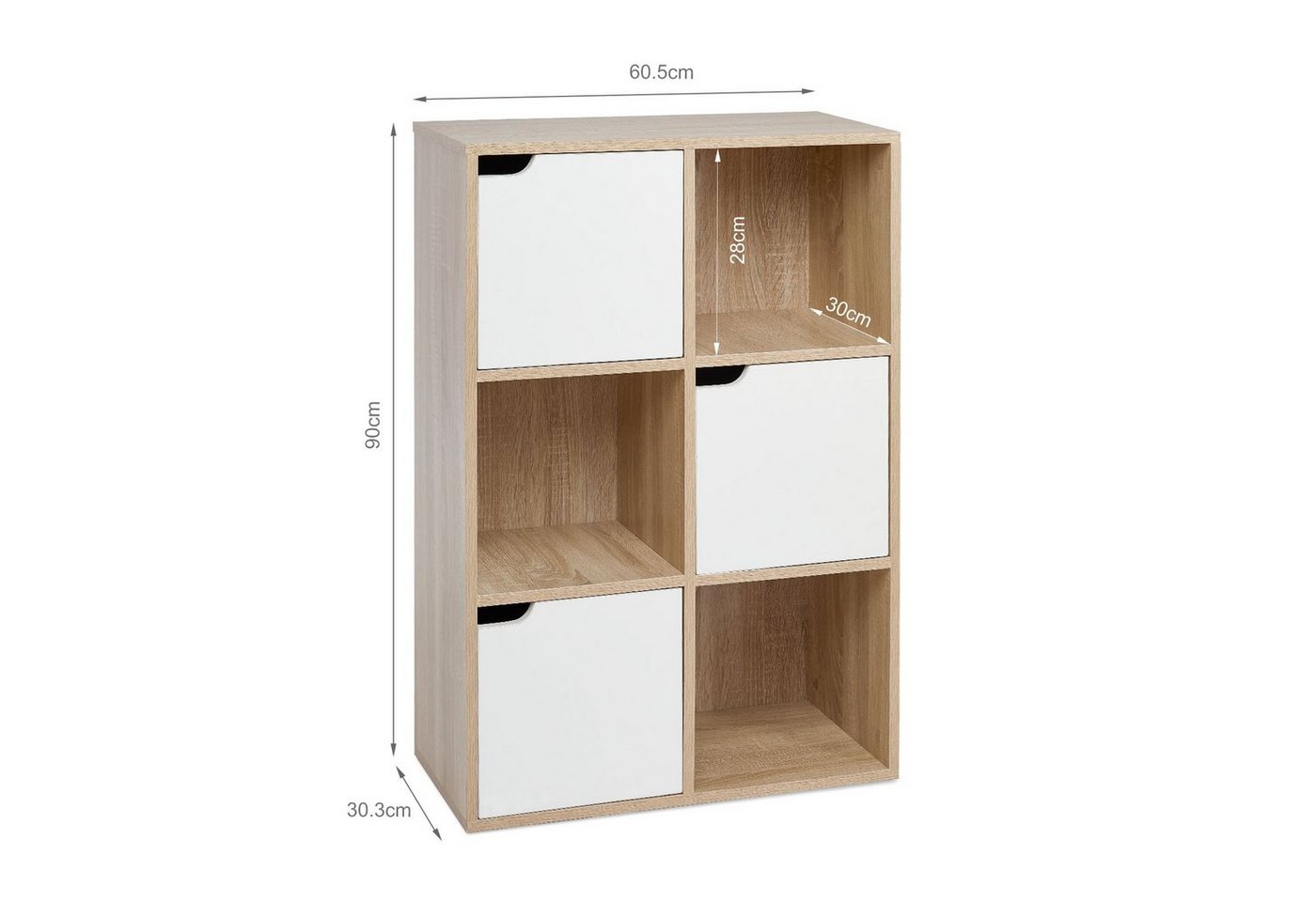 Meerveil Bücherschrank, Vielschichtiges Aufbewahrungsregal Für Bücher Und Dvds, Sechs Fächer Mit 3 Türen, Standregal, Hellbraun Bild 5