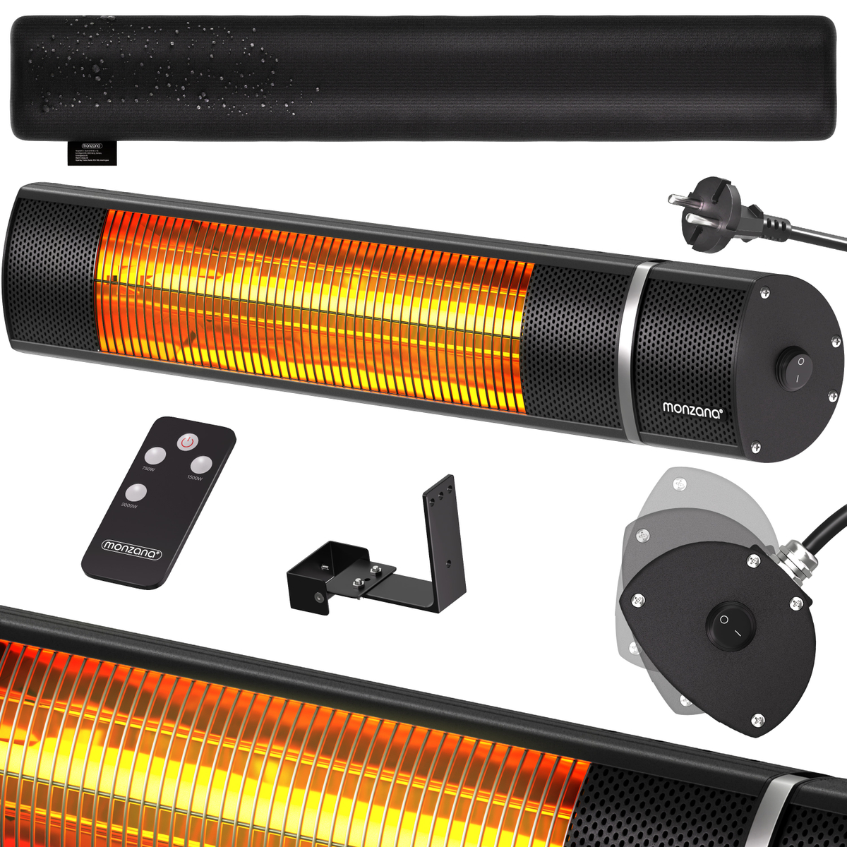 Monzana - Infrarot Heizstrahler Mzh2000 Goldröhre 2000w 3 Heizstufen Fernbedienung Terrassenstrahler Elektrisch Silber Schwarz Schwarz