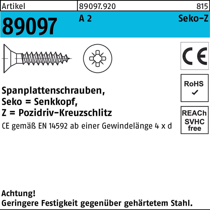 Art 89097 Spanplattenschr. Seko Ce A 2 5 X 50 -z Vollgewinde A 2 S 1000 Stk