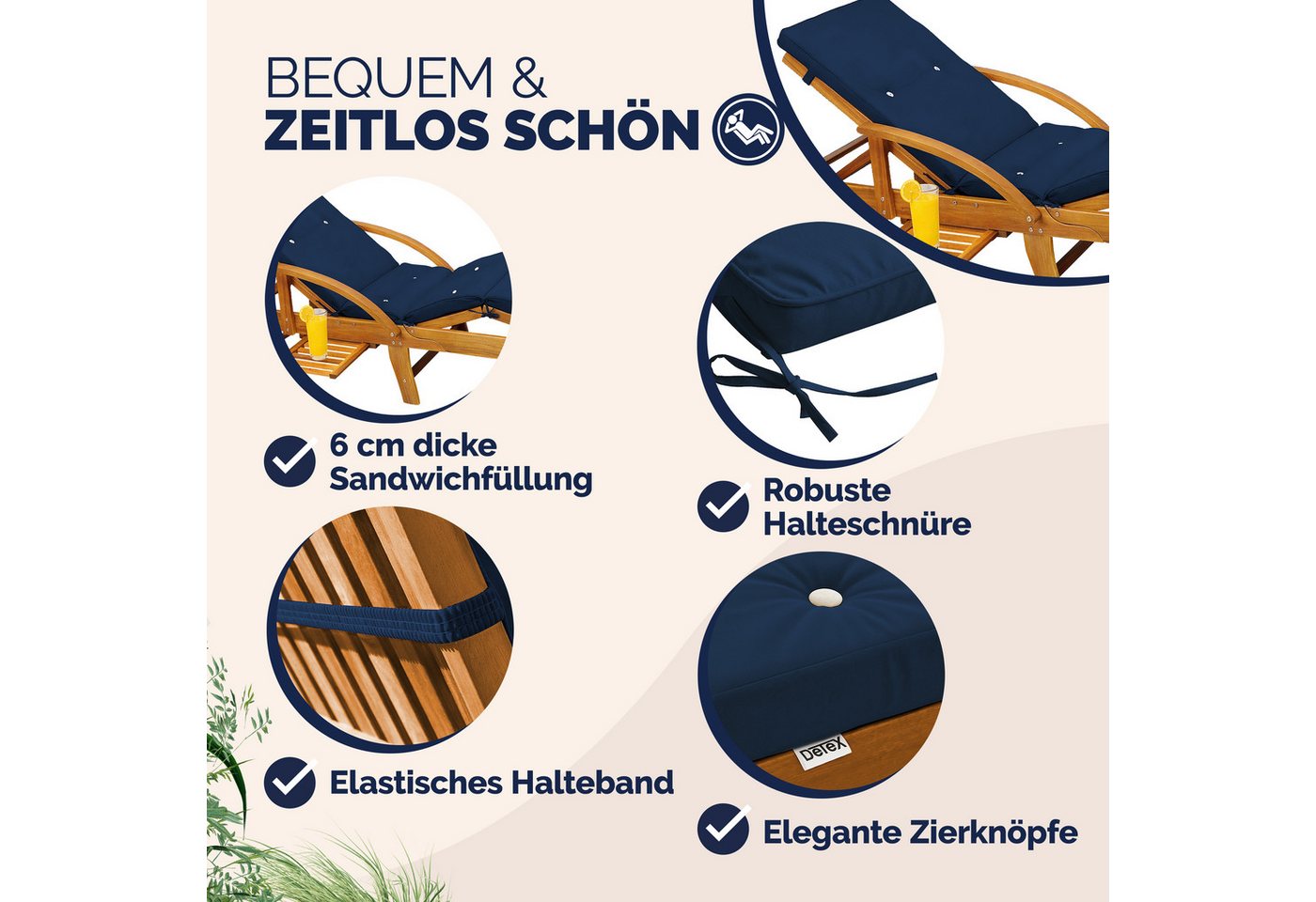 Detex Liegenauflage Wasserabweisend 4 Segmente Auflagen Polster Kissen Liege Sonnenliege Gartenliege Blau Bild 4