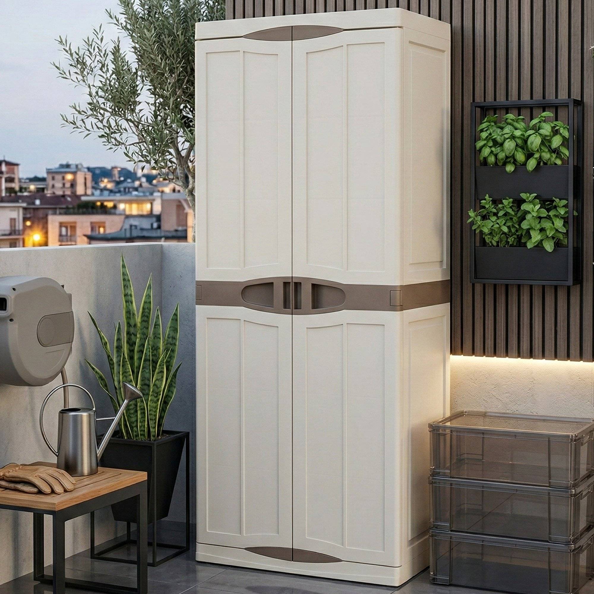 Dmora Mehrzweckschrank Für Den Außen- Und Innenbereich, Schrank Mit 2 Tür Und 4 Einlegeböden Aus Polypropylen, 100 % Made In Italy, 70 X 47 X 178 Cm, Farbe Beige