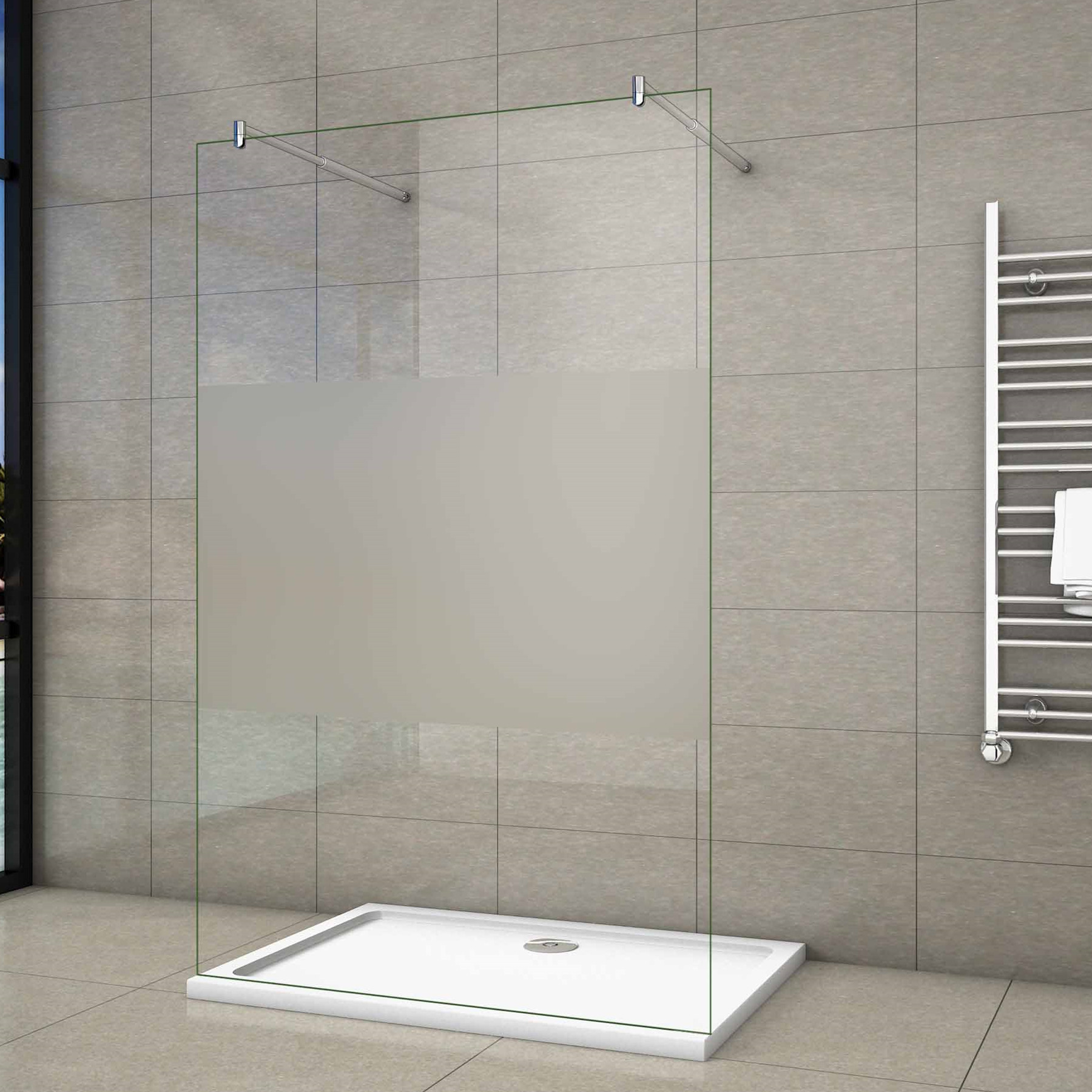 Duschparadies-de - 82.7x200cm Walk In 8mm Nano Esg Milchglasstreifen Duschabtrennung + 70-120cm Stabilisatorx2