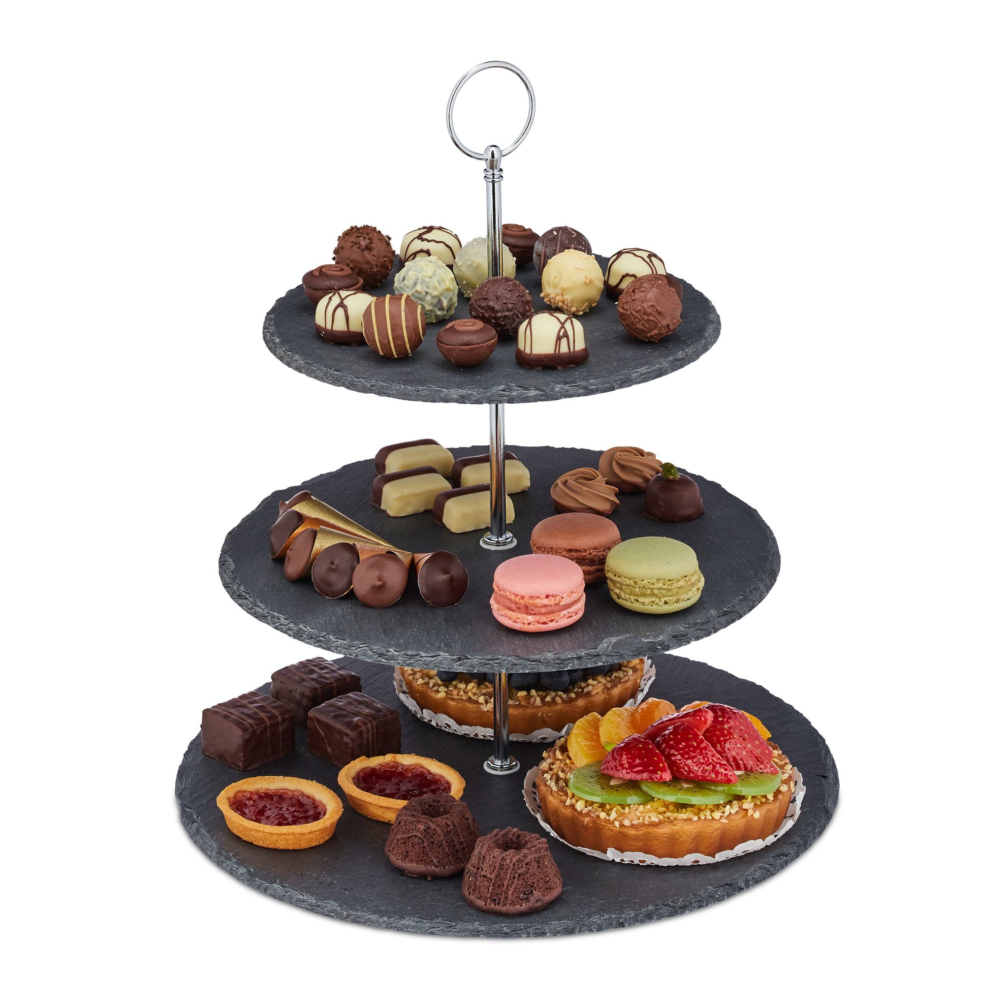 2 X Etagere Mit 3 Etagen, Schiefer, Kuchen, Snacks, Obst, Metallgriff, Servierständer, Hxd: 34x30 Cm, Anthrazit/silber