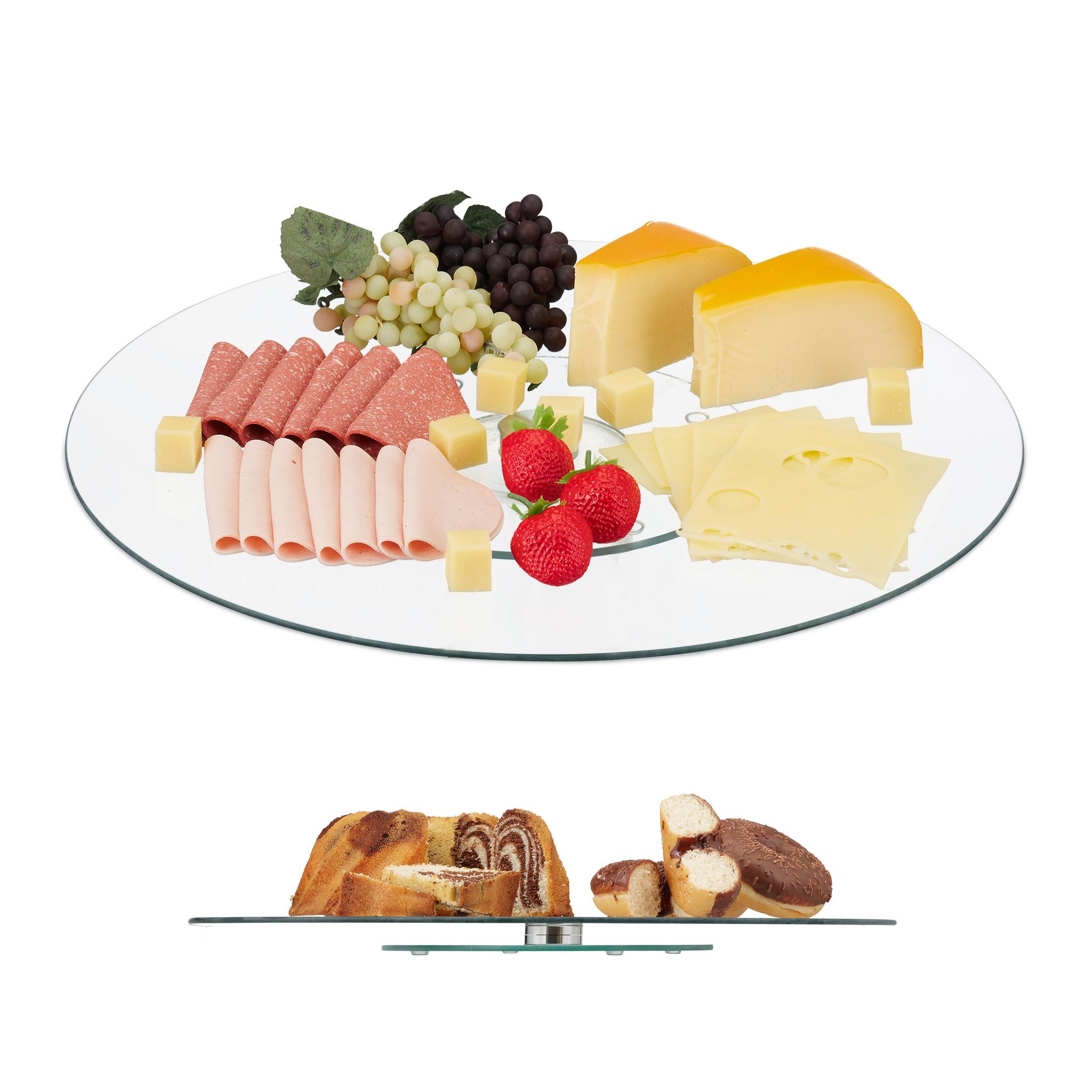 Relaxdays - 8 X Servierplatte Xl, 360° Drehbar, Käse, Snacks, Kuchen, Rund, ∅ 45 Cm, Glas Tortenplatte, Transparent/silber