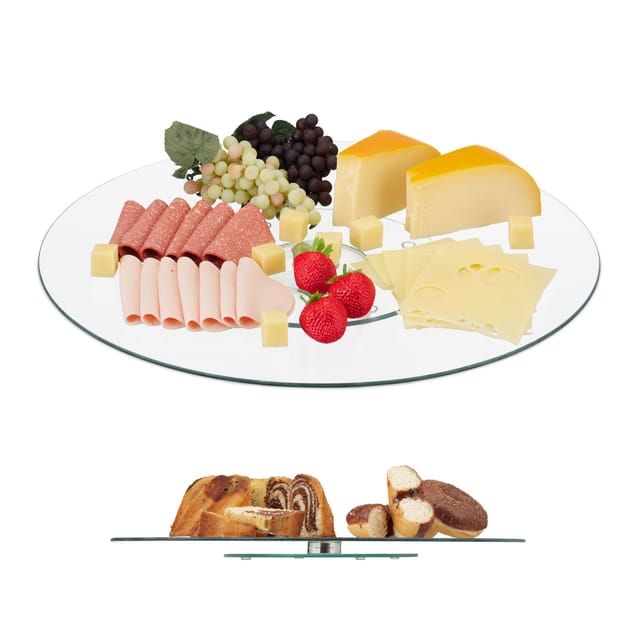 Relaxdays - 4 X Servierplatte Xl, 360° Drehbar, Käse, Snacks, Kuchen, Rund, ∅ 45 Cm, Glas Tortenplatte, Transparent/silber