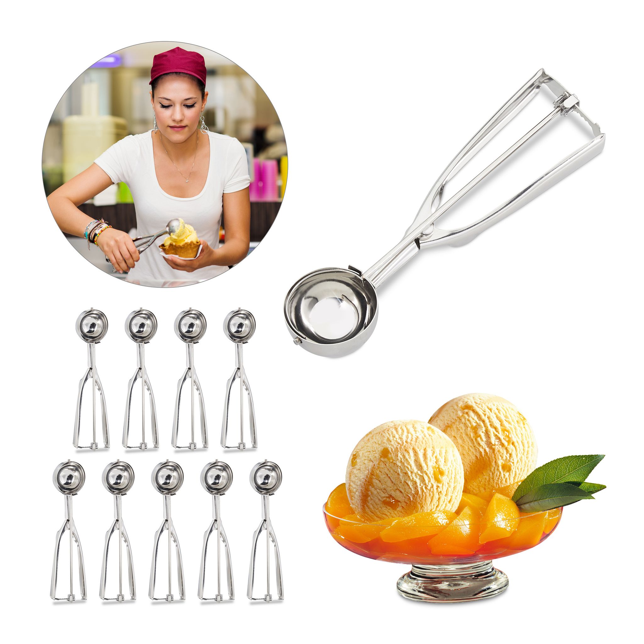 10 X Eisportionierer Edelstahl, Mit Auslöser, Für Eis, Obst, Keksteig, Große Kugeln ∅ 53 Mm, Profi Eiskugelformer, Silber
