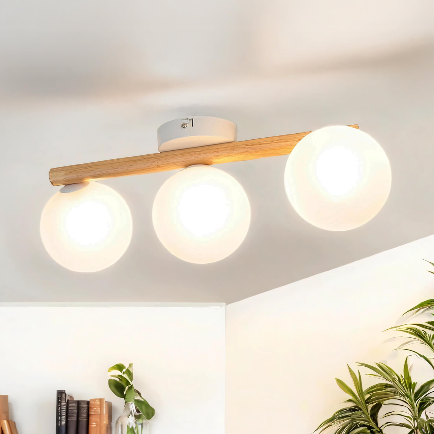Licht-erlebnisse - Deckenlampe Metall Glas G9 Holz Hell Weiß 3-flammig Länglich Modern